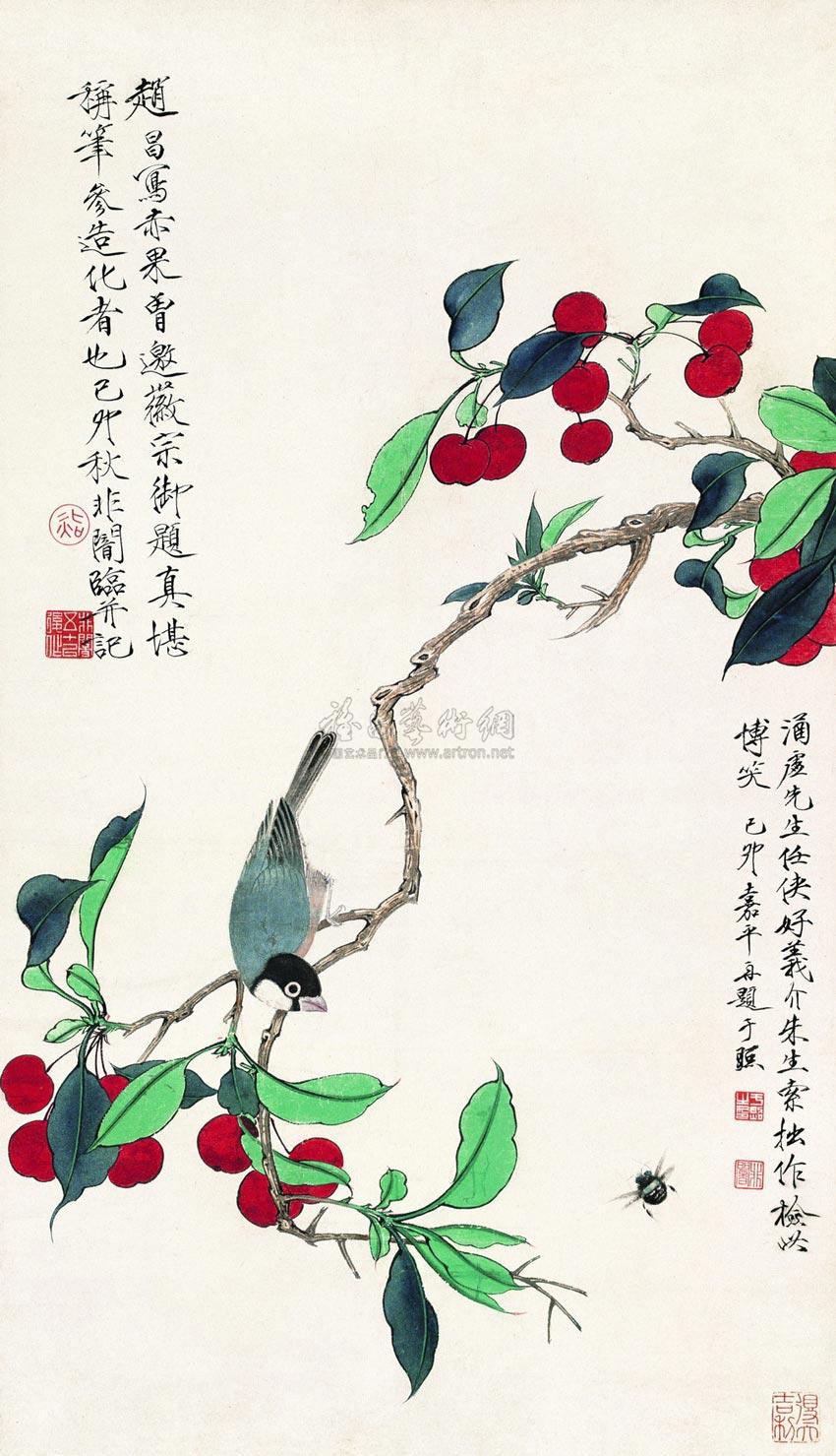 00821939年作樱桃小鸟图立轴纸本设色