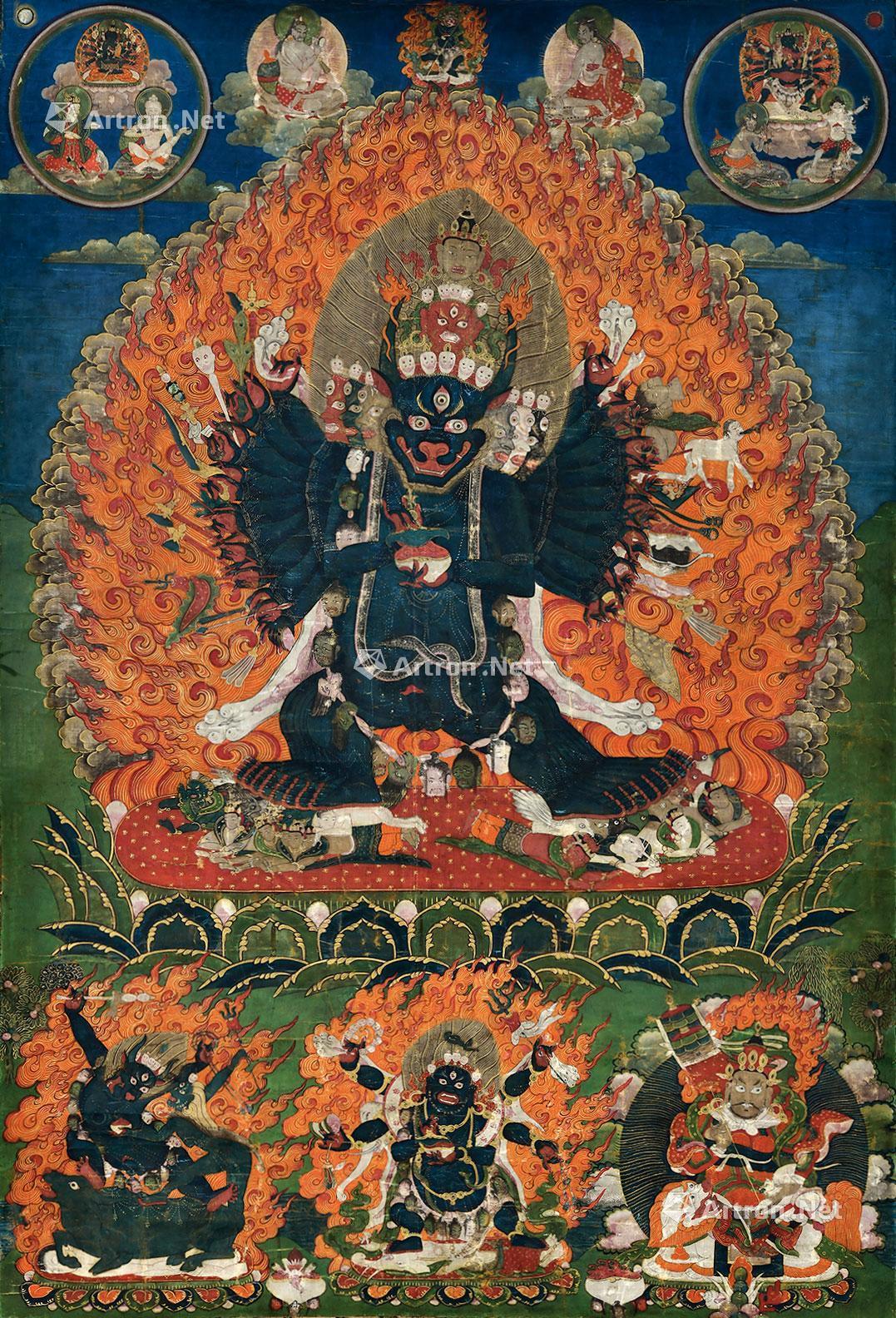 17911819世纪独雄大威德金刚唐卡棉布矿物胶彩