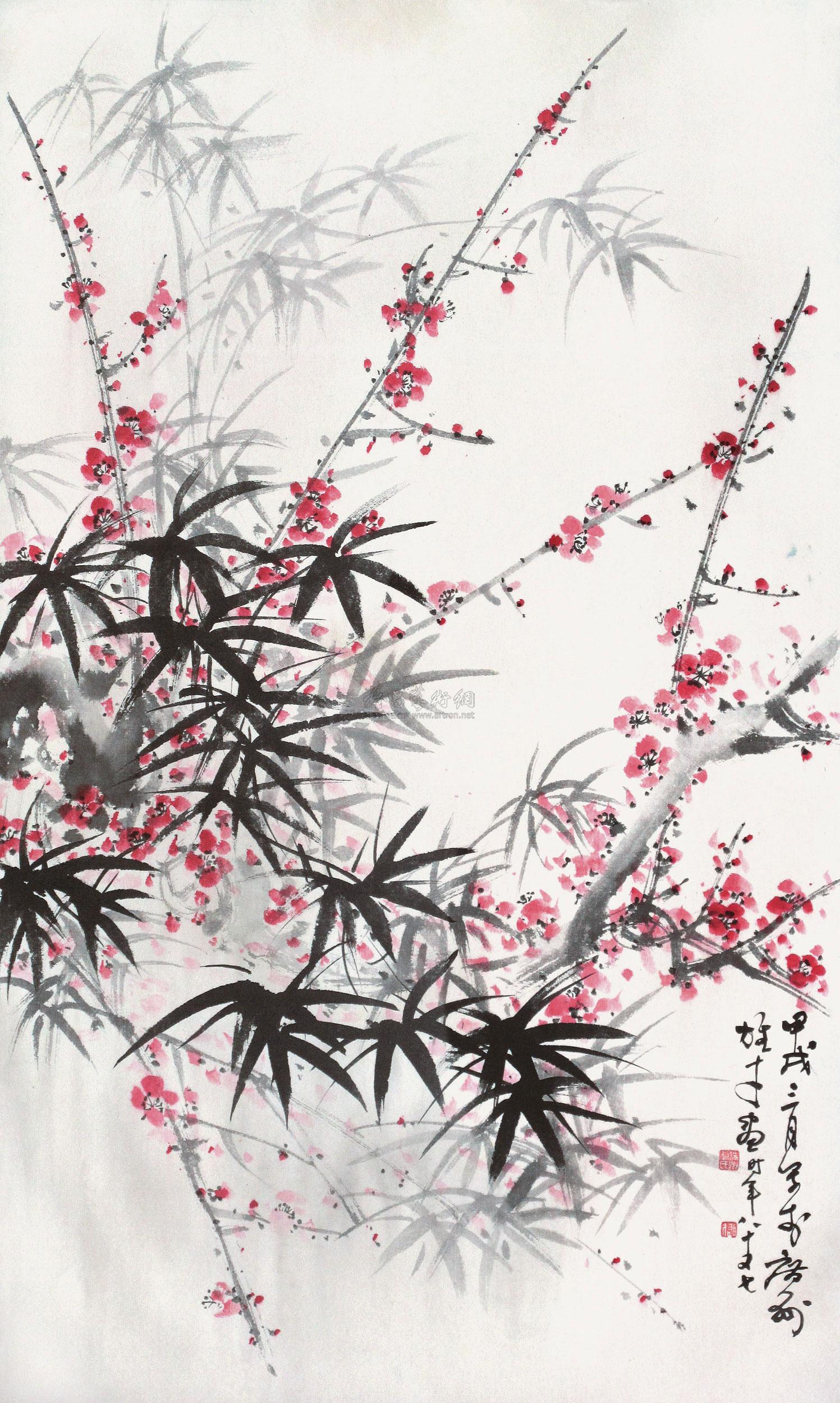 00901994年作梅竹双清镜片设色纸本