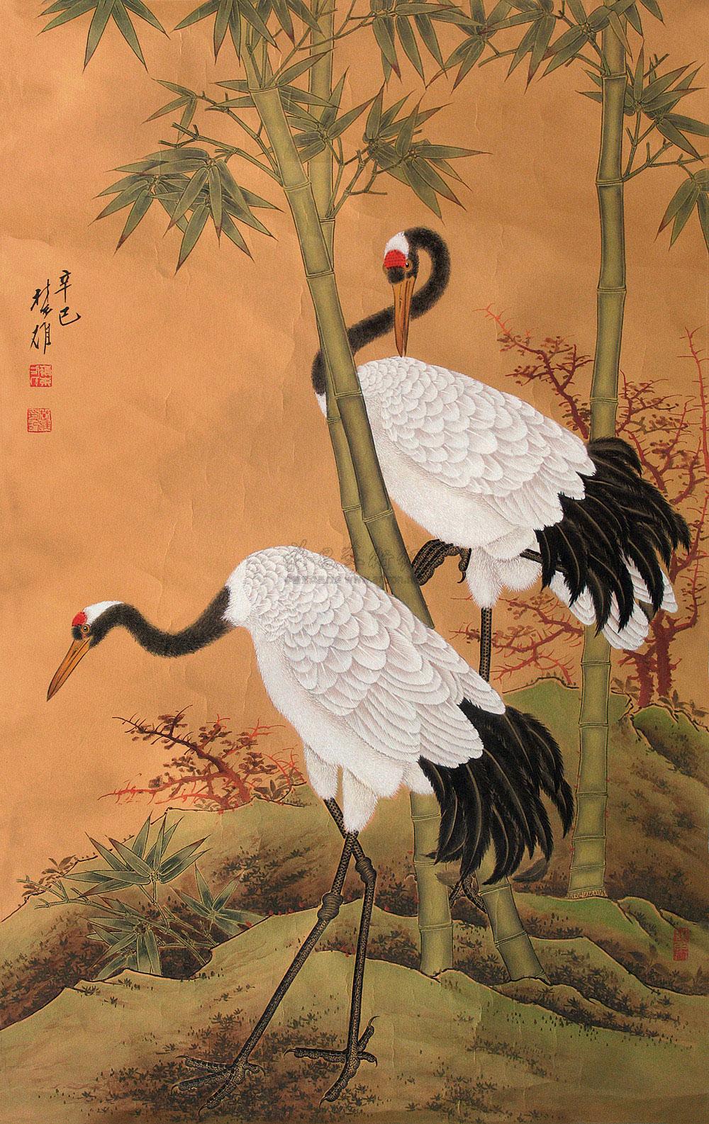 0097 2001年作 竹鹤 镜片 设色纸本