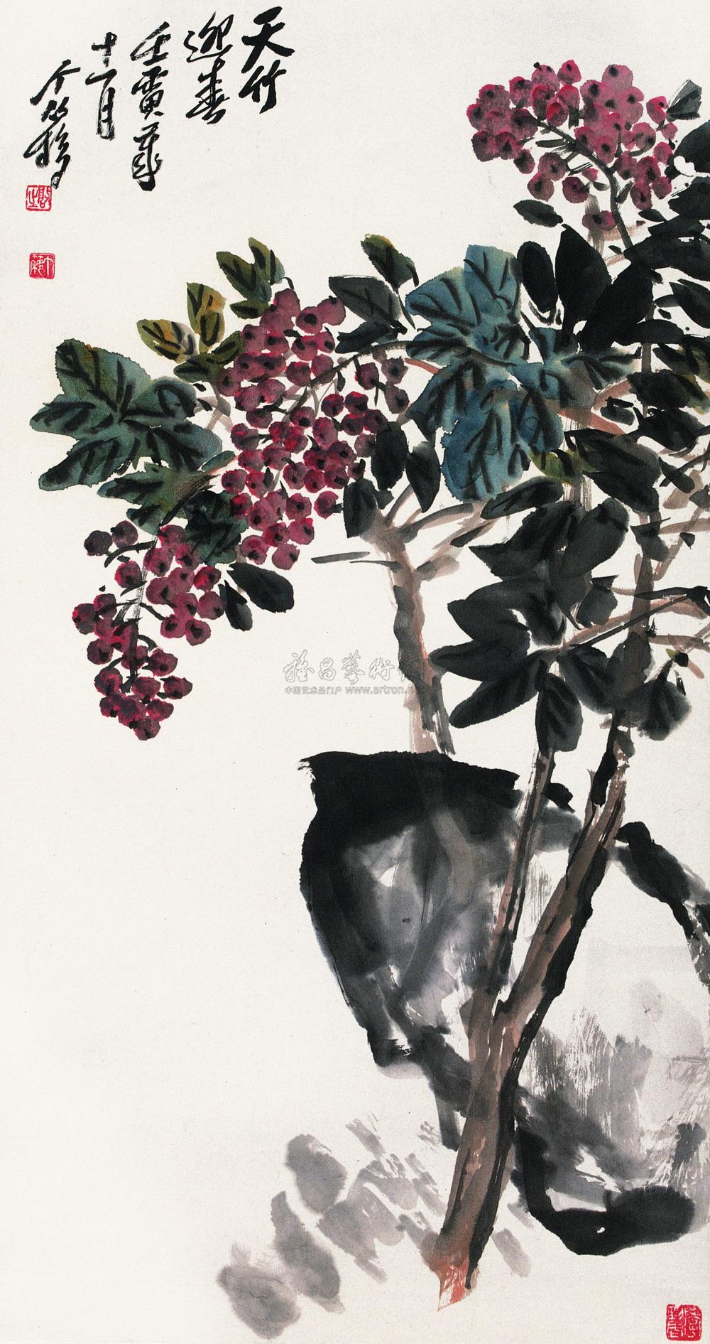 0318 1962年作 天竹卧石图 立轴 设色纸本