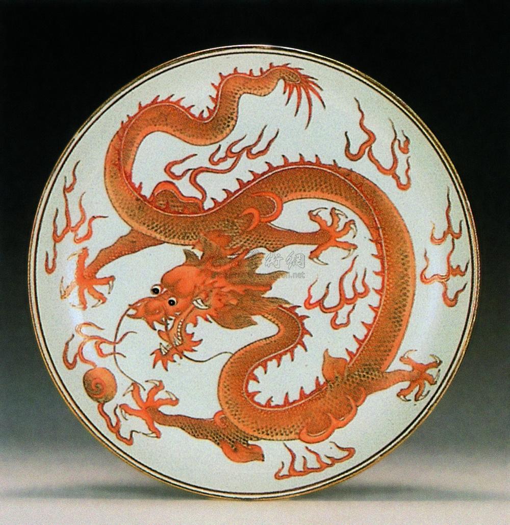 0486清光绪樊红描金游龙戏珠纹直口盘一对