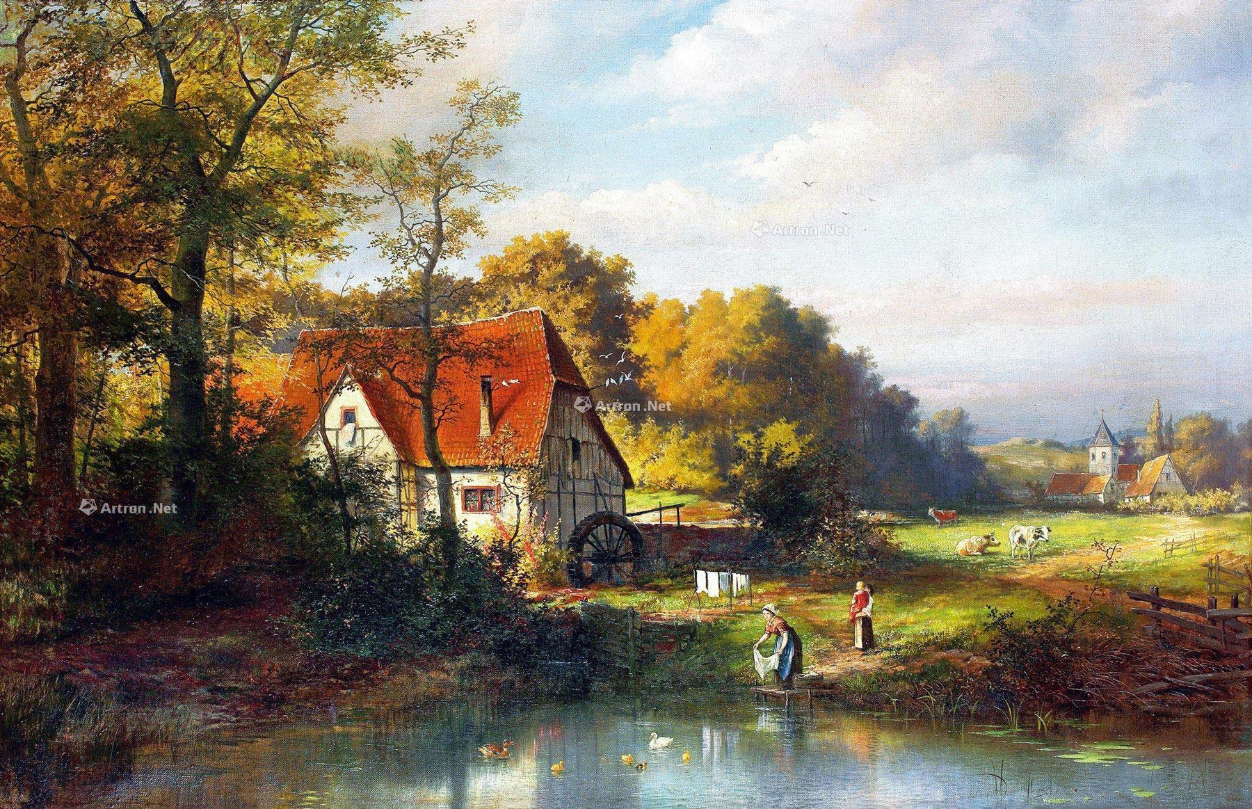 1666 1894年作 池塘边的农庄 布面 油画