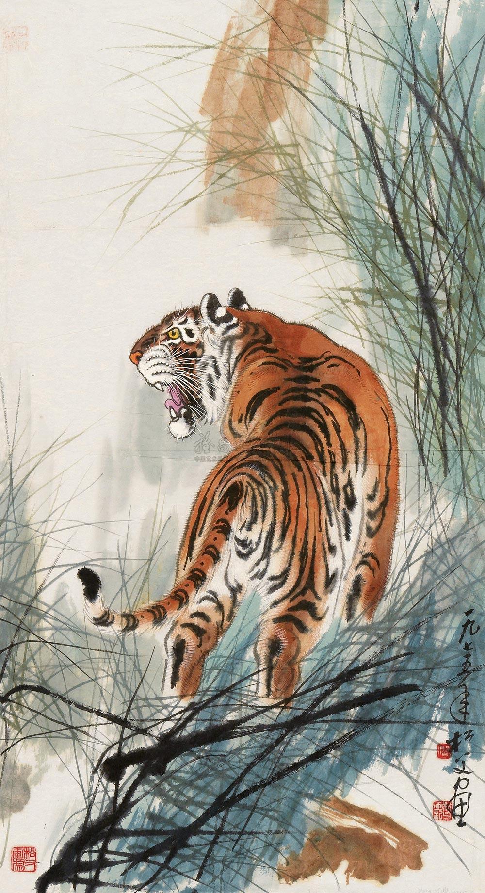 0170虎啸镜心设色纸本