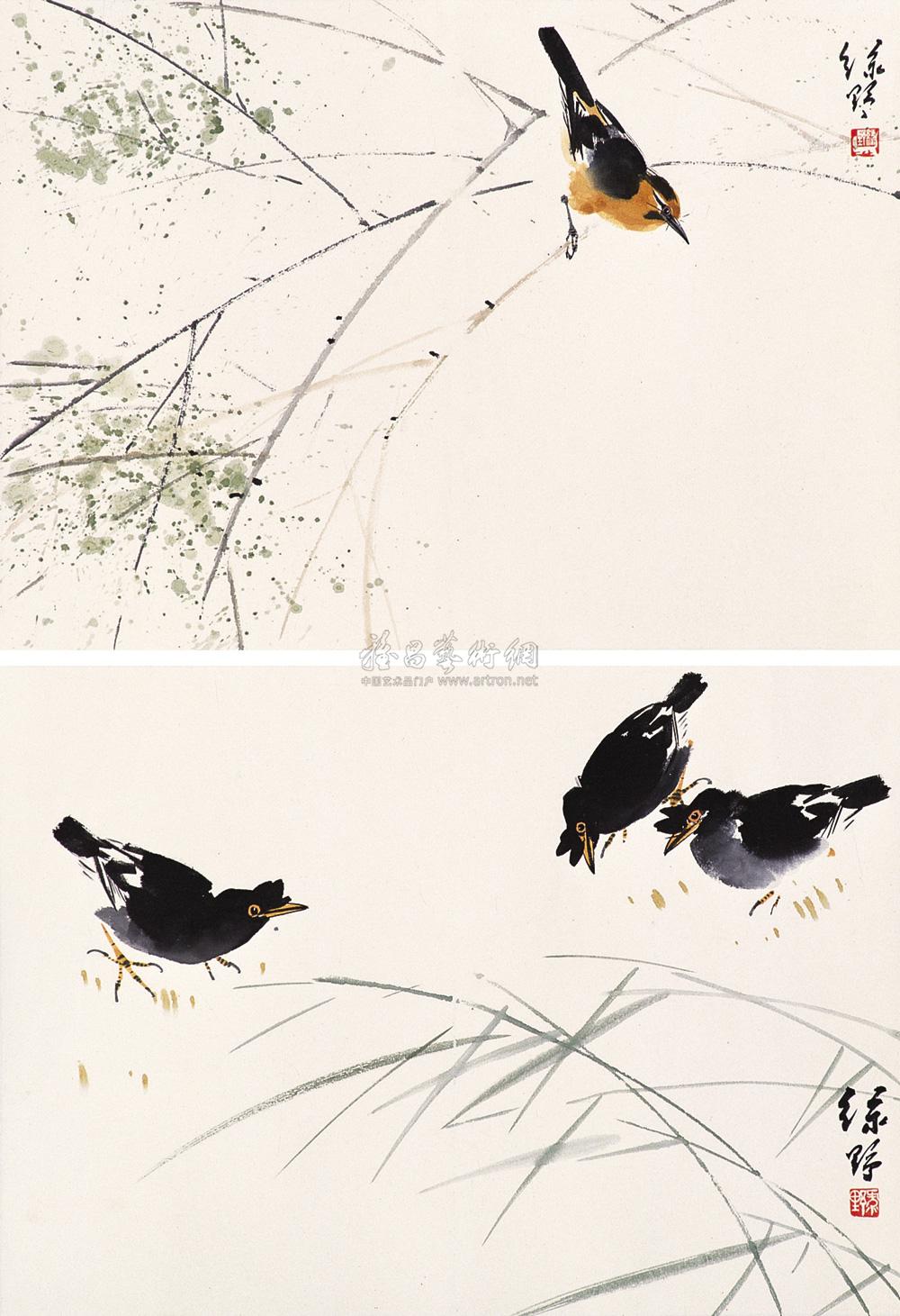 0018 枝头画眉 八哥图 (二帧) 镜心 设色纸本