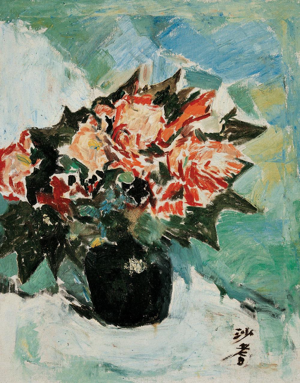 0589 1989年作 黑陶里的芙蓉花 布上油画