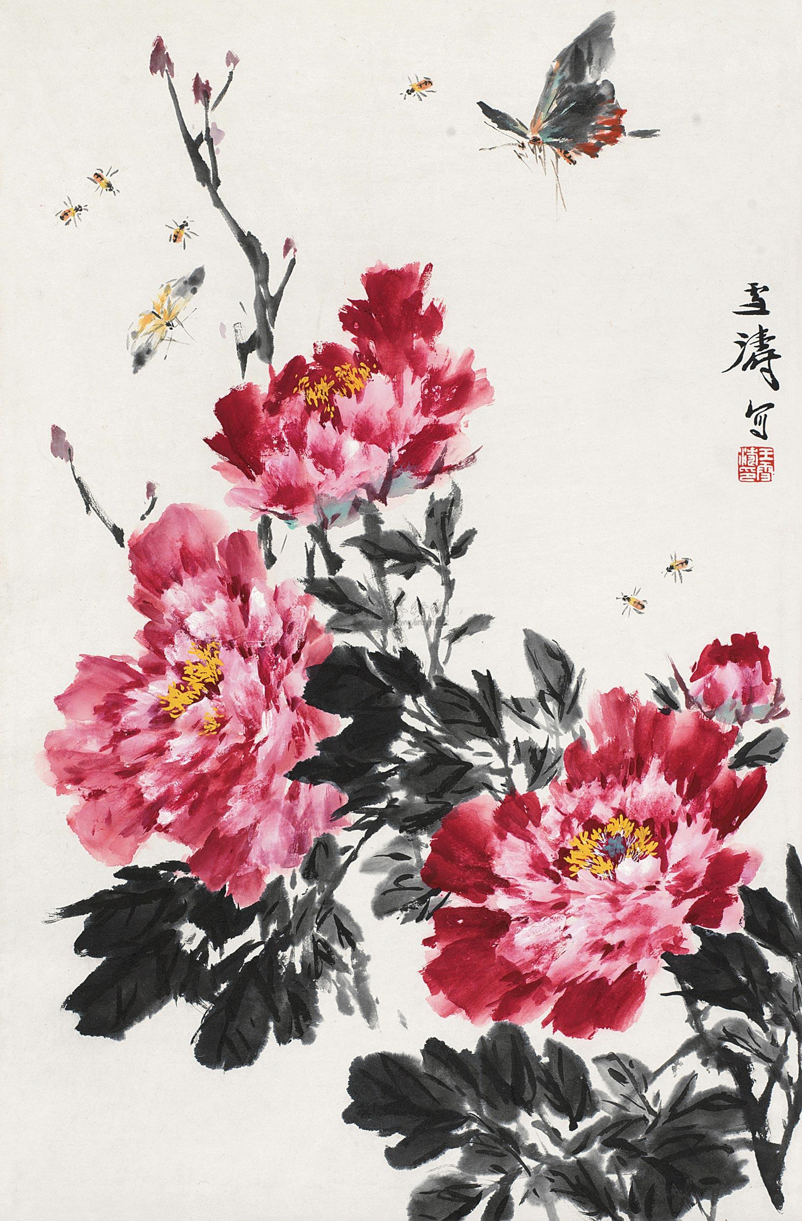 0227 牡丹蝴蝶 镜心 设色纸本