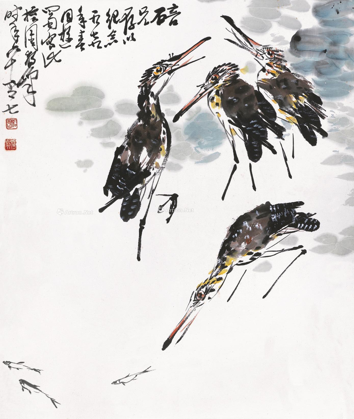 0075 游鱼鹭鸶 镜心 设色纸本