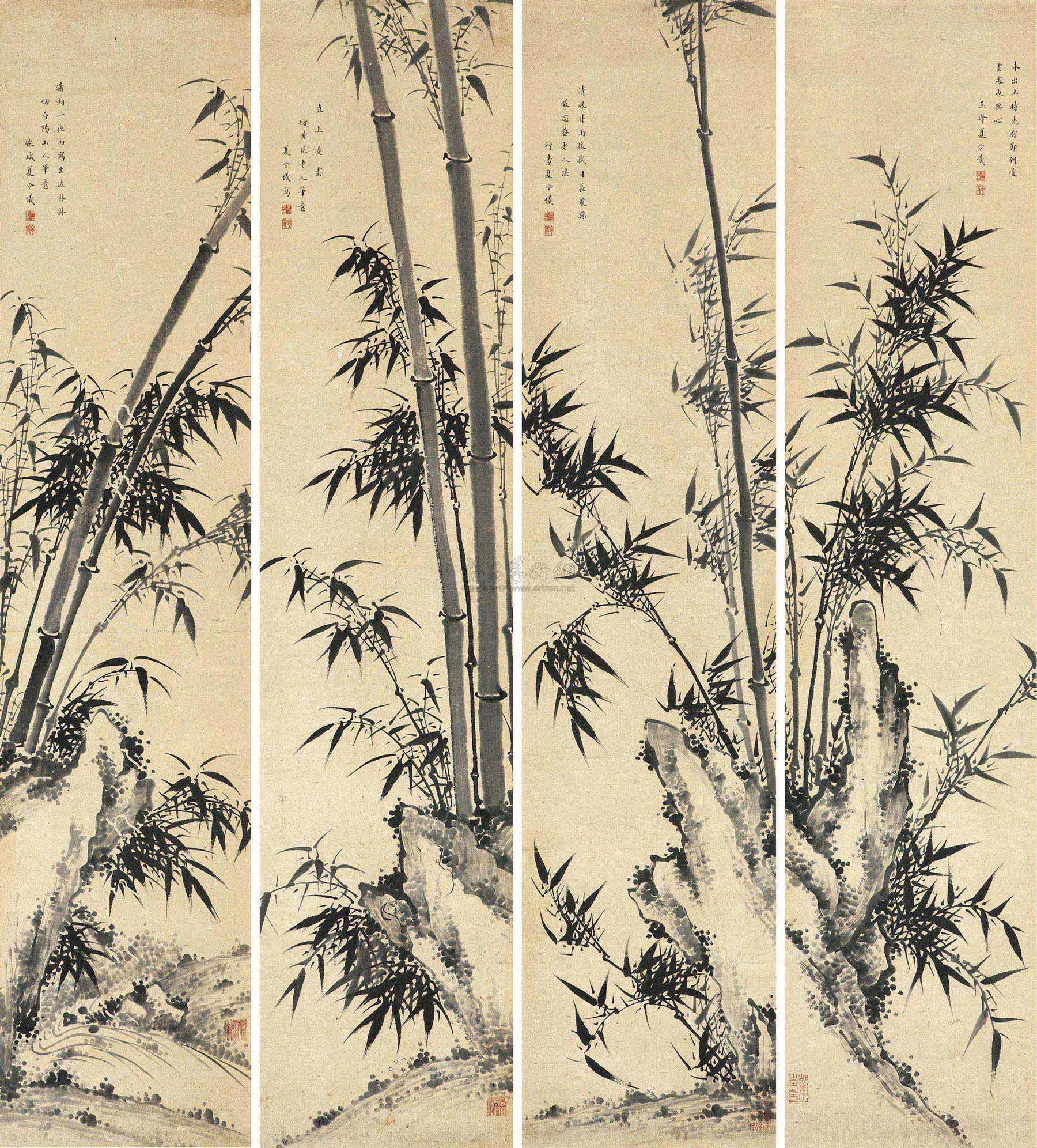 0519竹石四屏轴纸本