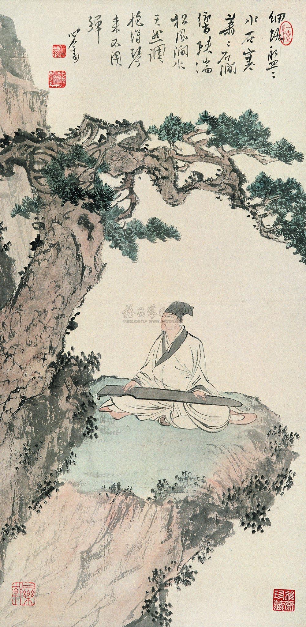 0010 松崖抚琴 立轴 设色纸本