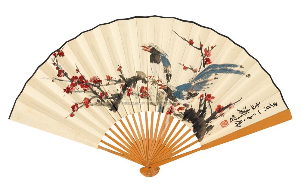0345 梅上双栖 成扇 设色纸本