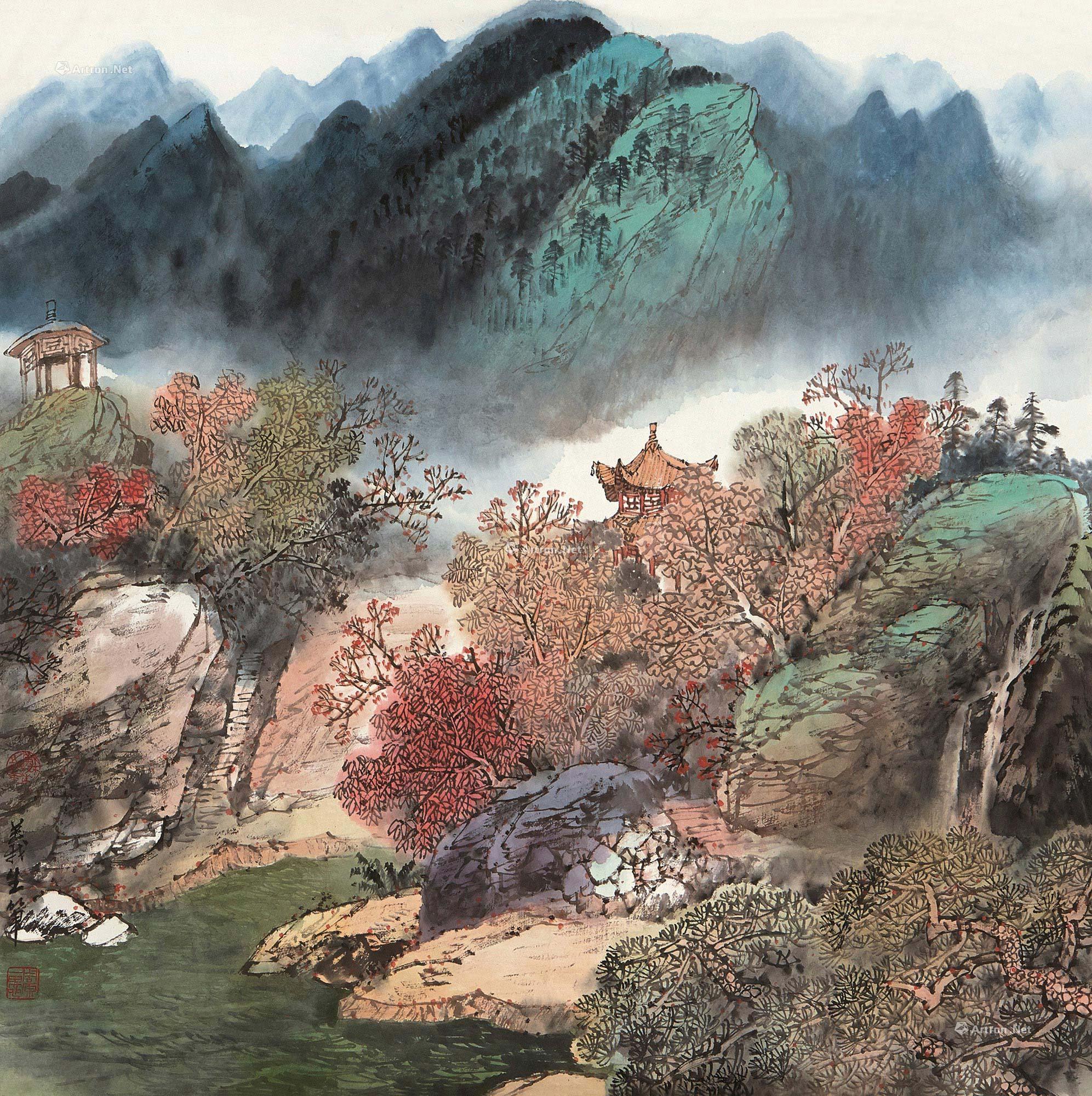 0040山水斗方镜心设色纸本