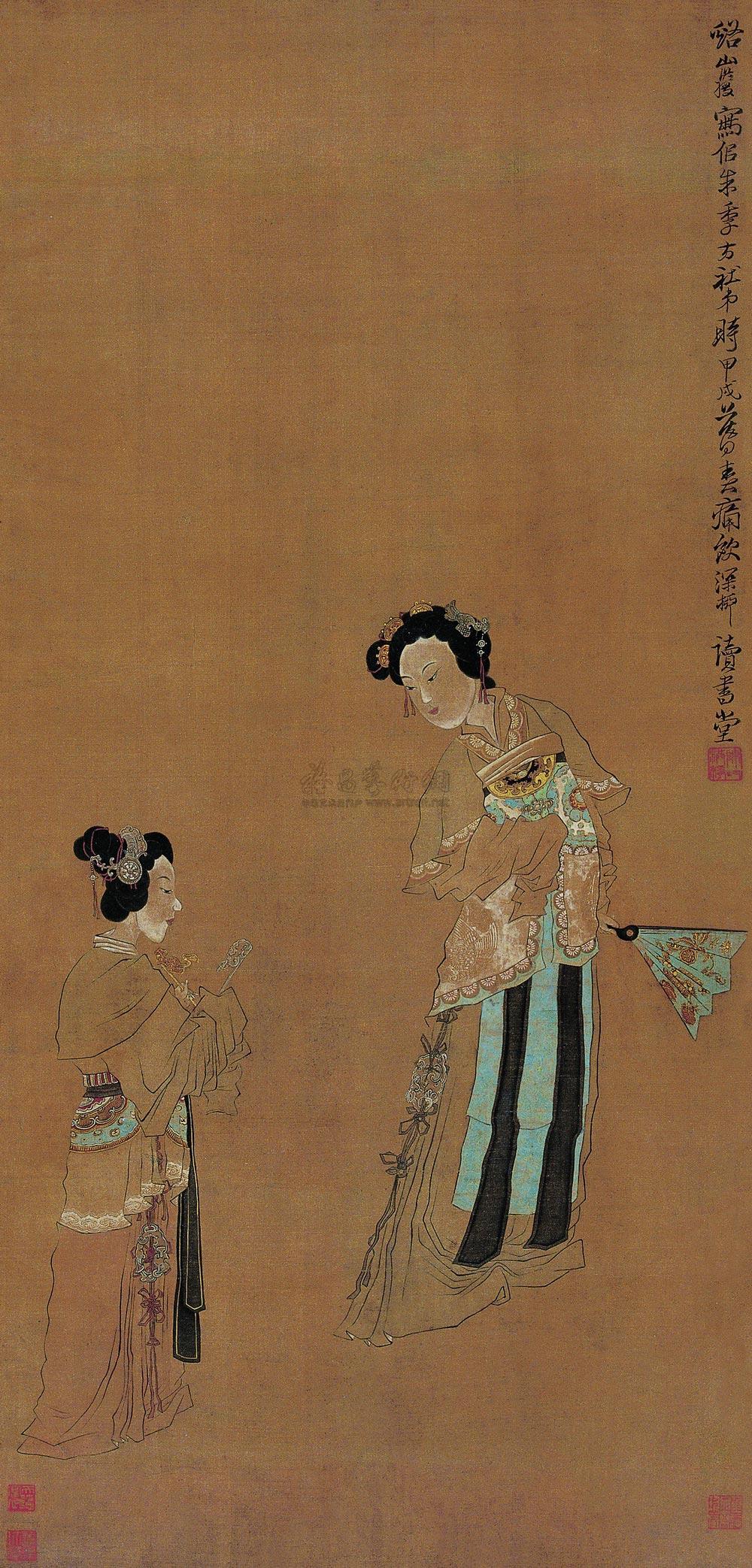 0131甲戌1634年作执扇仕女立轴设色绢本