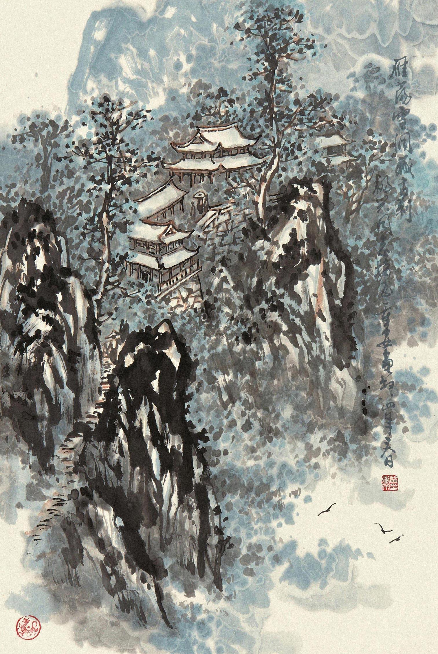 0078雁荡雪洞藏古刹镜心设色纸本