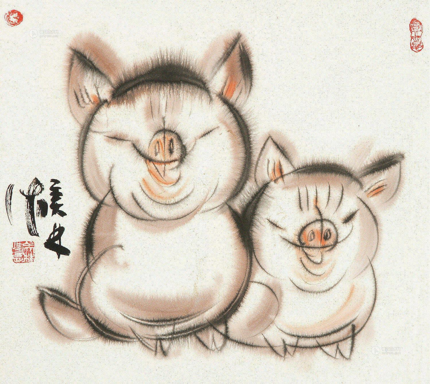 0636双猪镜片设色纸本