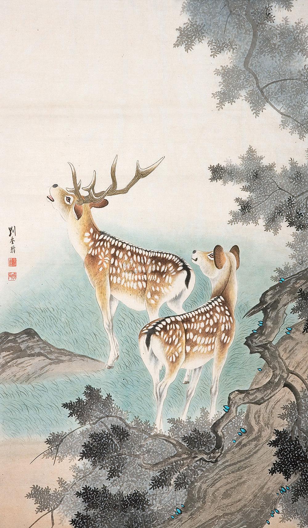 0128 双鹿图 镜心 设色纸本