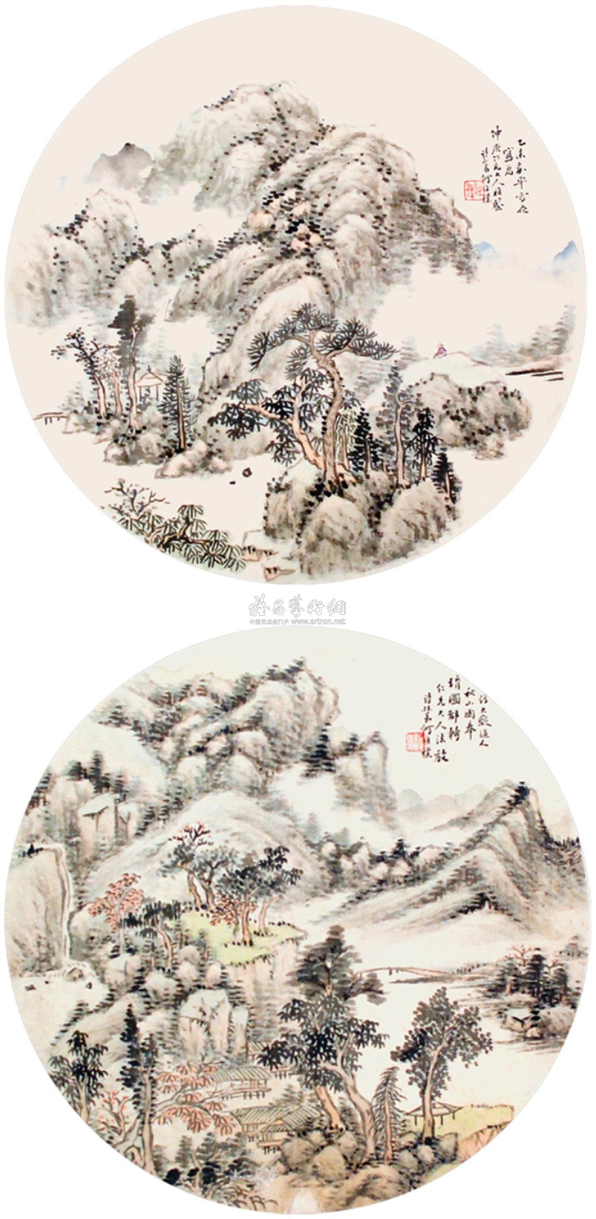 0538 山水团扇两开 镜片 绢本