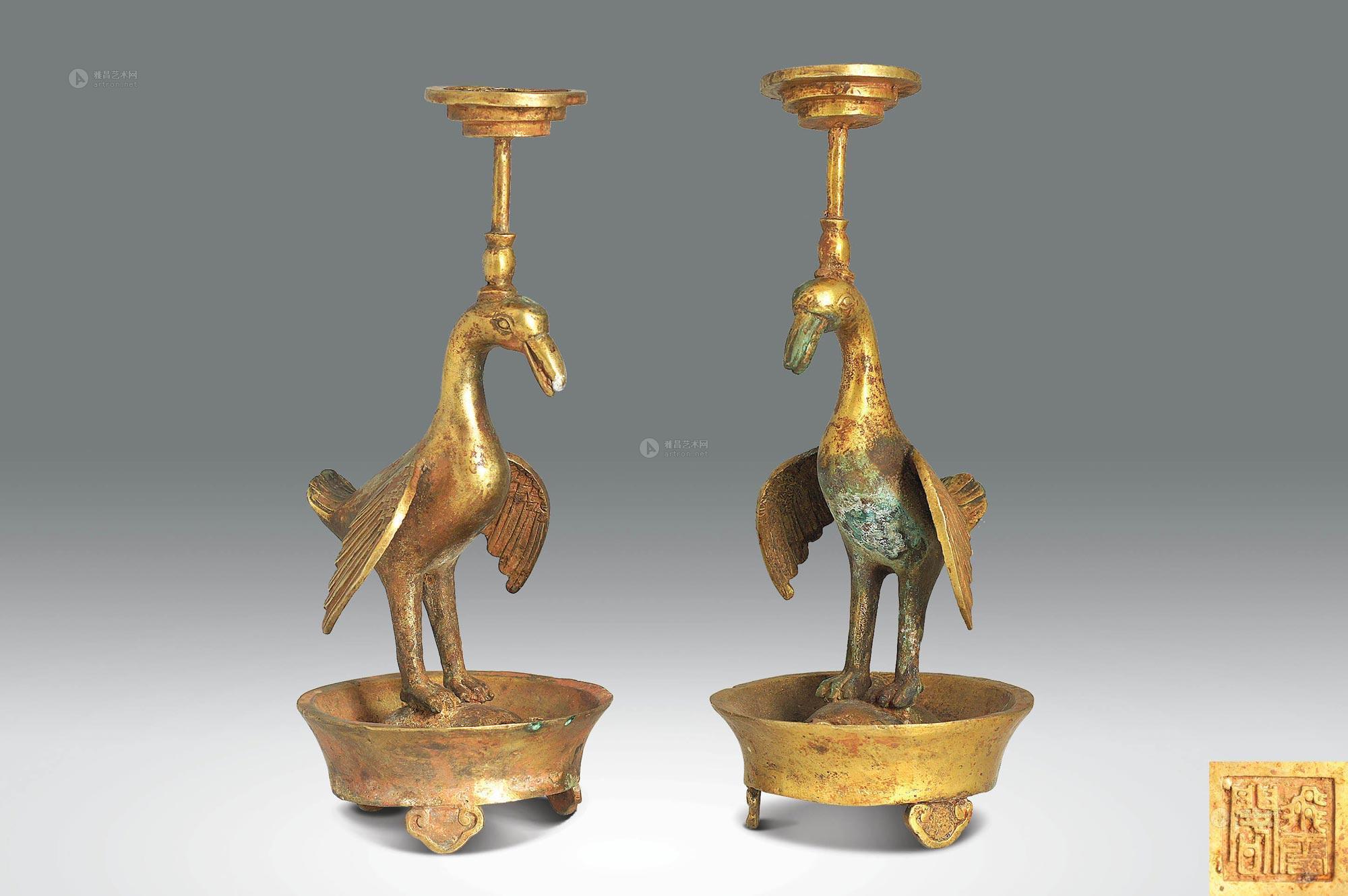 0252明铜鎏金鹤寿烛台一对