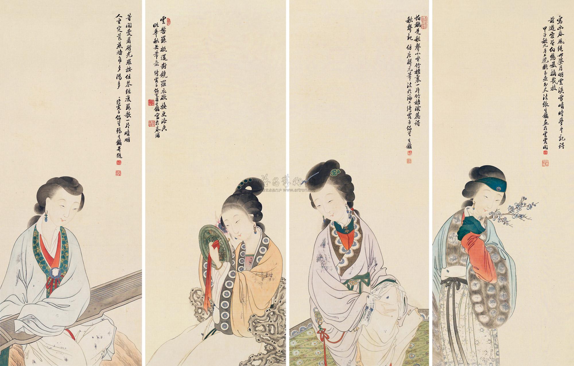 0436 四美图 四屏(镜片) 设色绢本