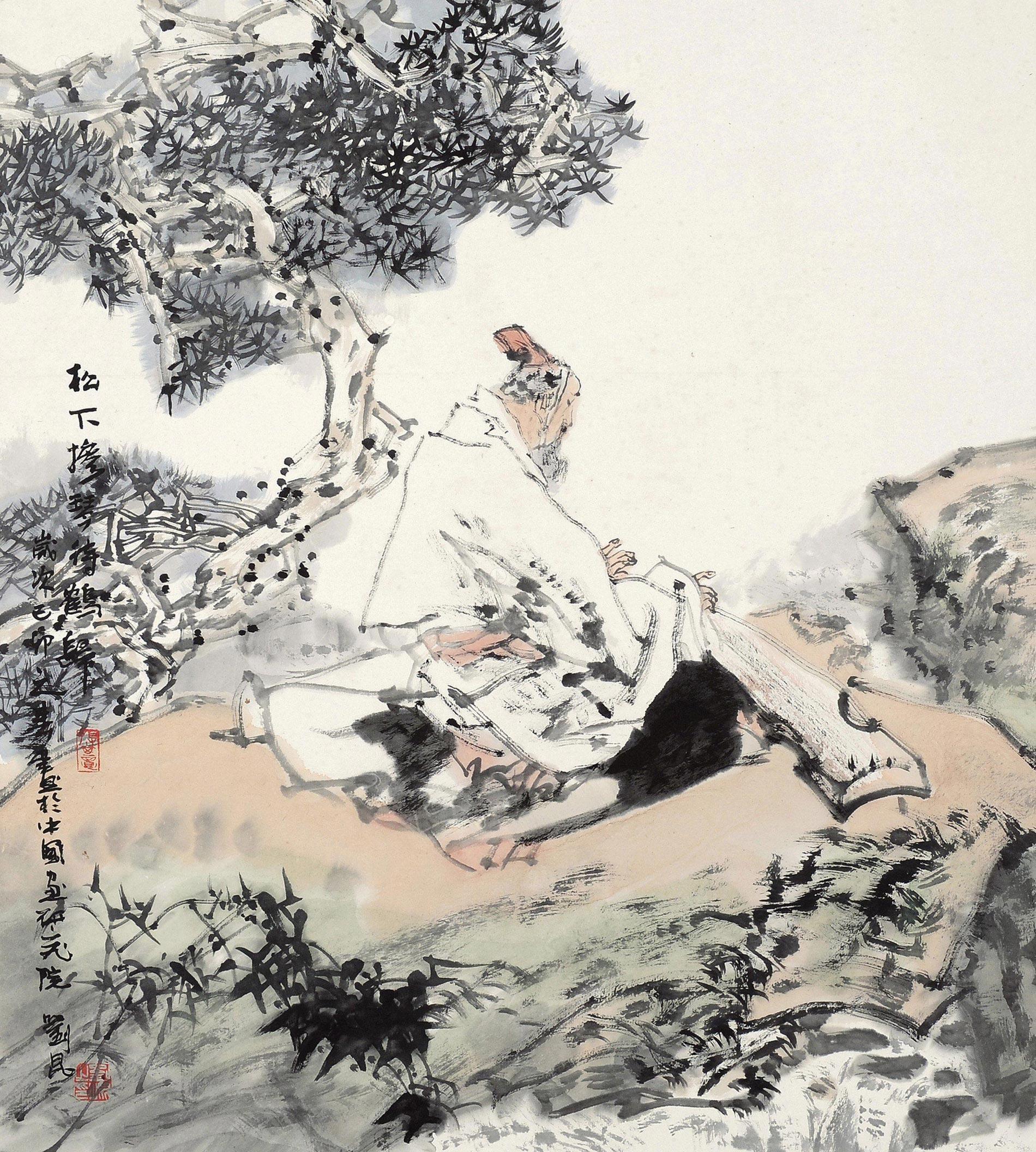 0173 松下抚琴待鹤归 镜片 设色纸本