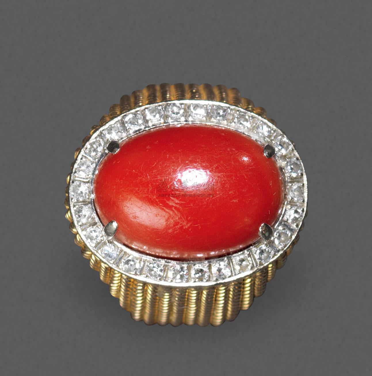 黄金嵌钻石镶珊瑚戒指-长物养正 — 怀珠愠玉专场-雅昌拍卖