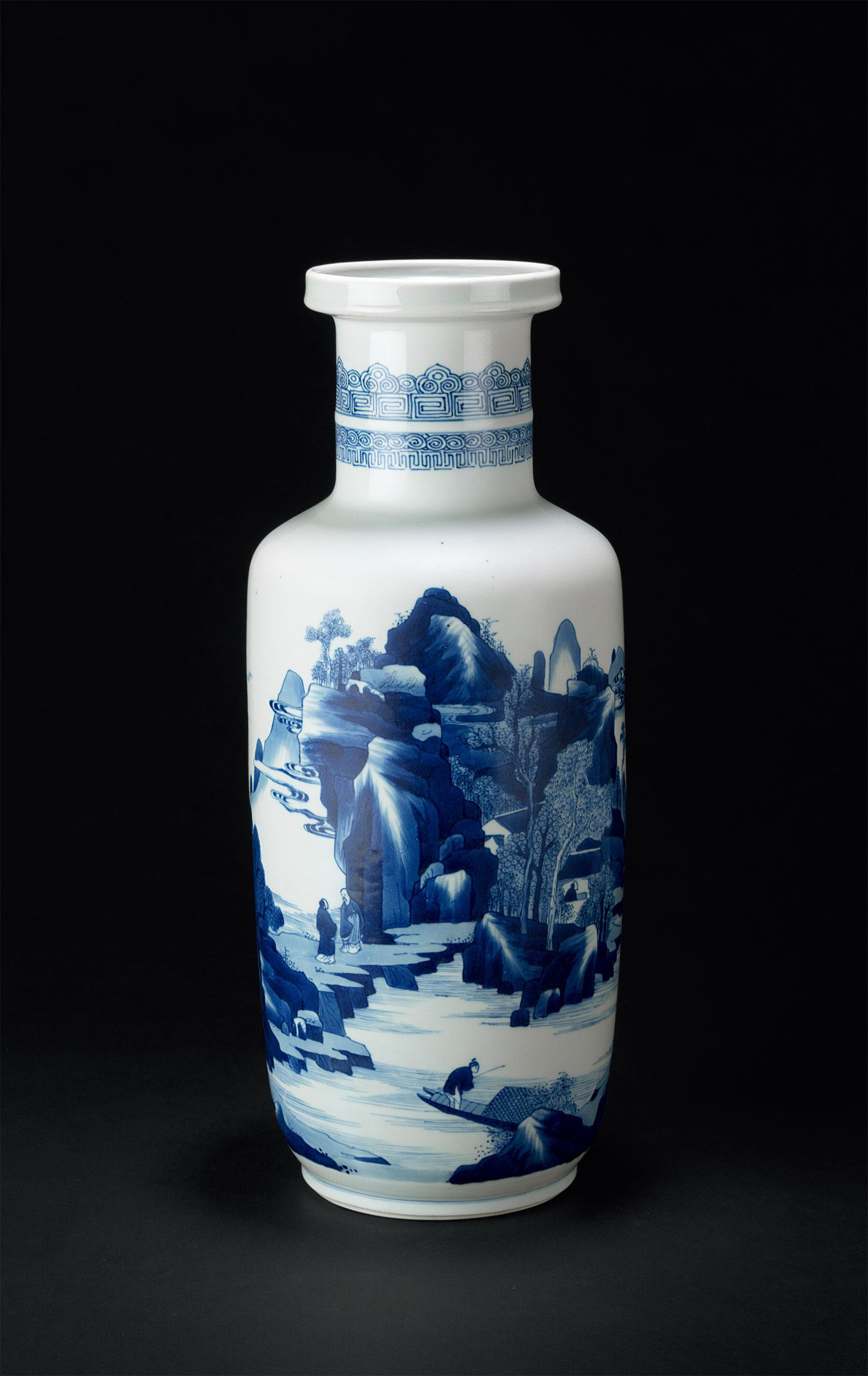 0574清康熙青花山水人物纹棒槌瓶