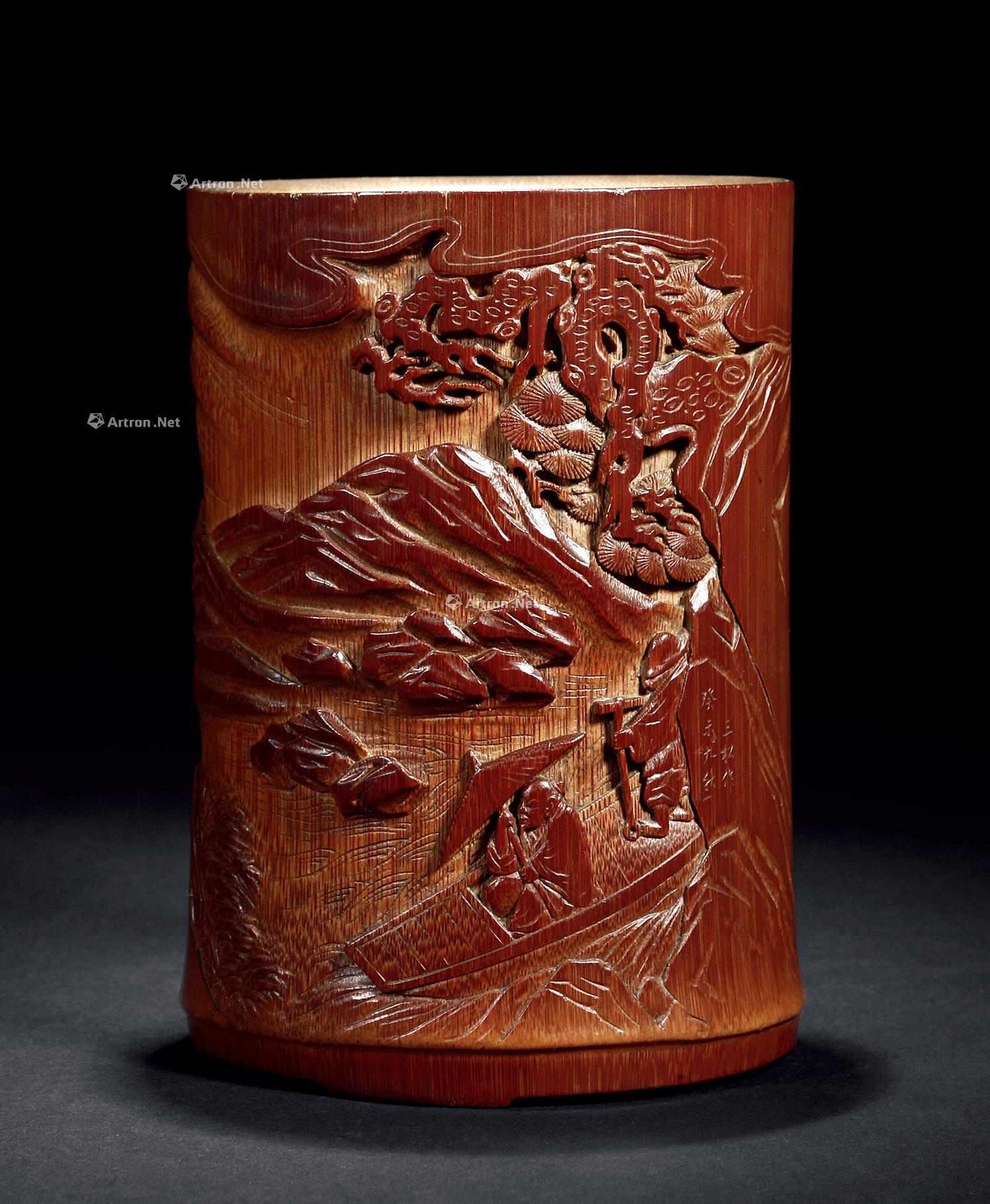 0446清三松款竹雕山水人物笔筒