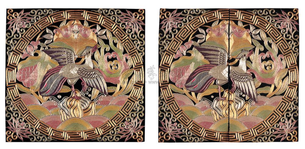 1908 清 盘金银绣练雀九品补子 (一对)