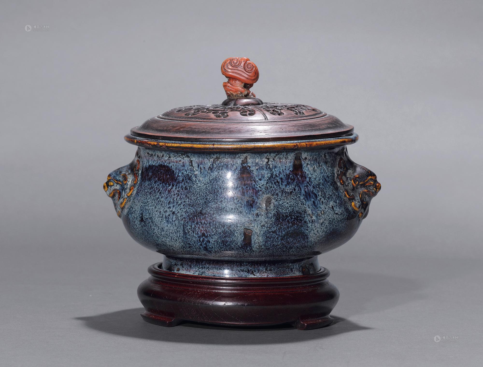 0592 清早期 石湾窑双狮耳香炉