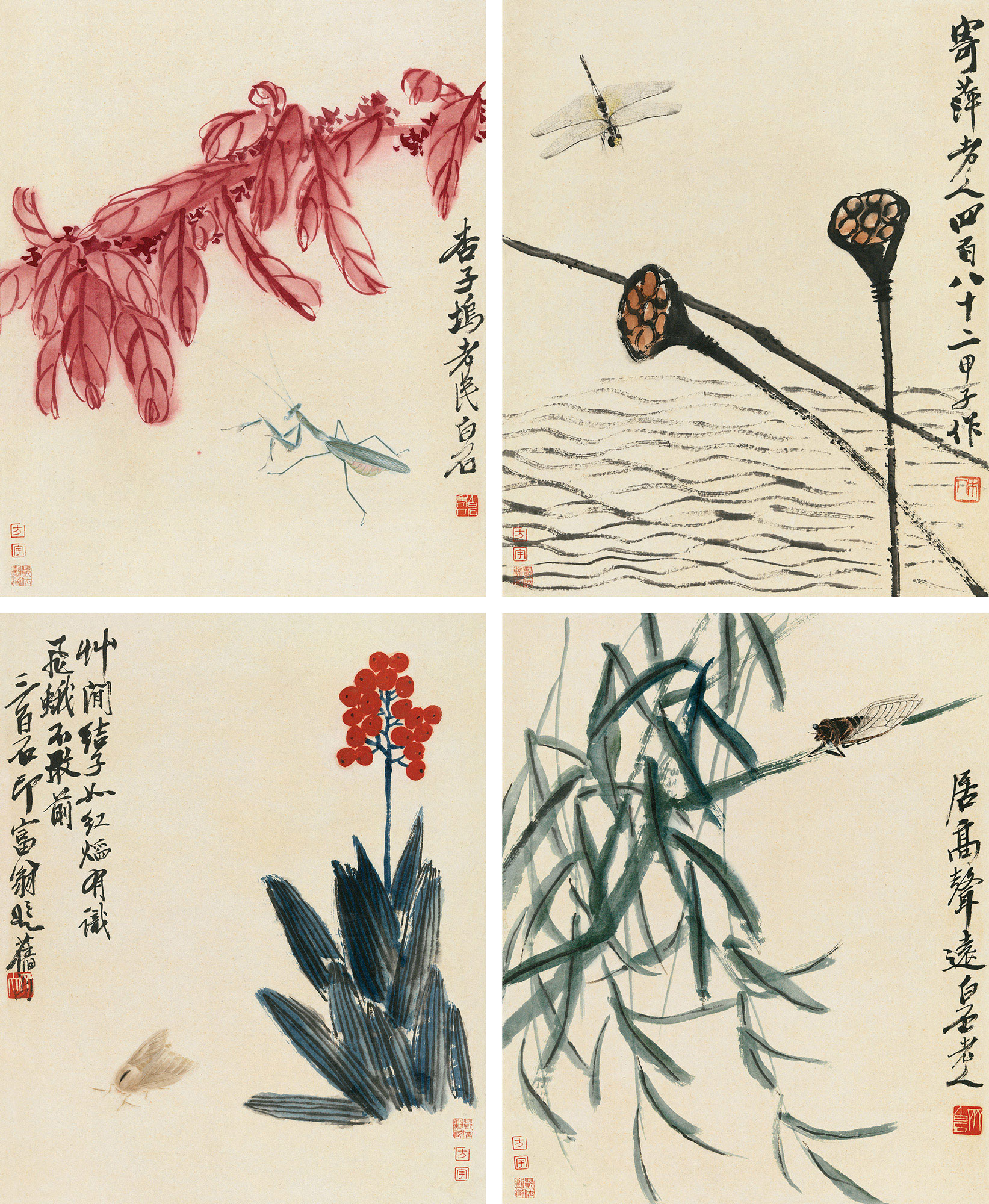 0751工虫花卉四帧镜心设色纸本