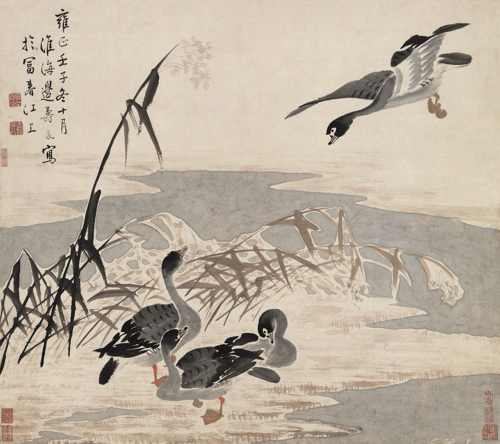 1226雍正壬子1732年作寒汀芦雁立轴设色纸本