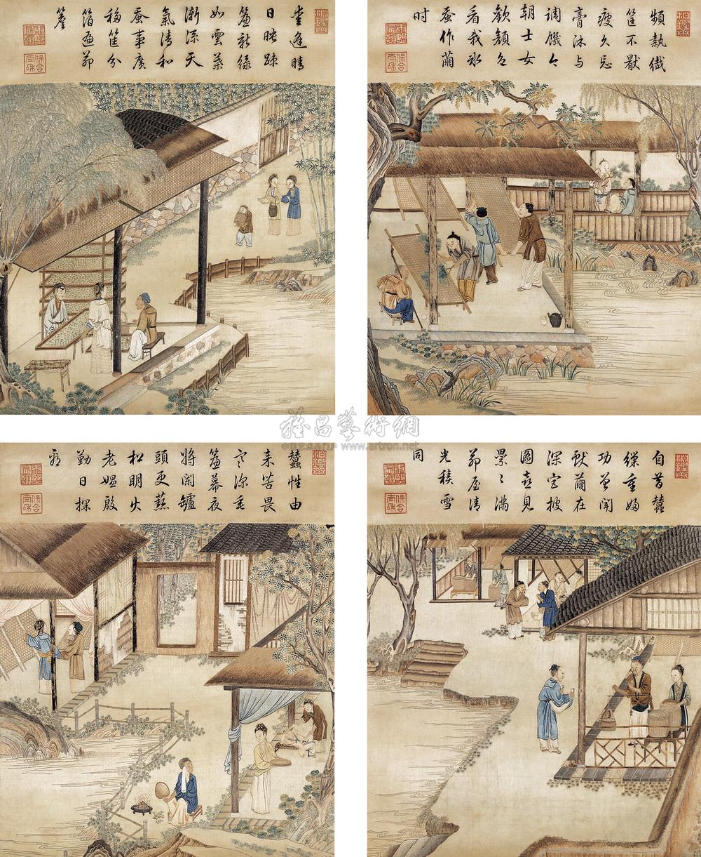 1253清康熙耕织图绣片四件