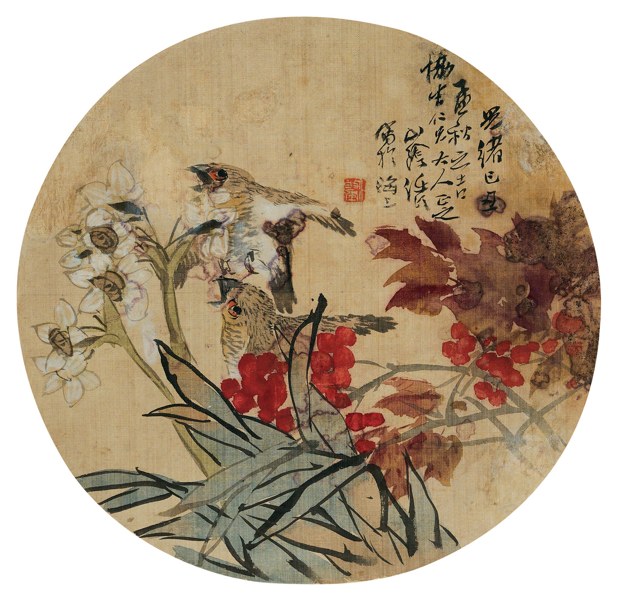 0942光绪己丑1889年作水仙花鸟立轴设色绢本