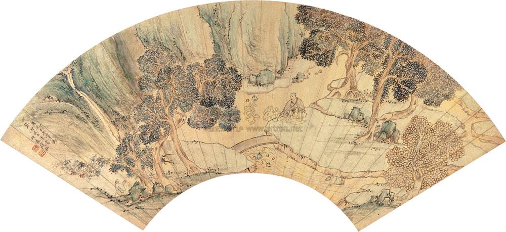 *1663 壬午(1822年)作 临流抚琴图 扇面 金笺