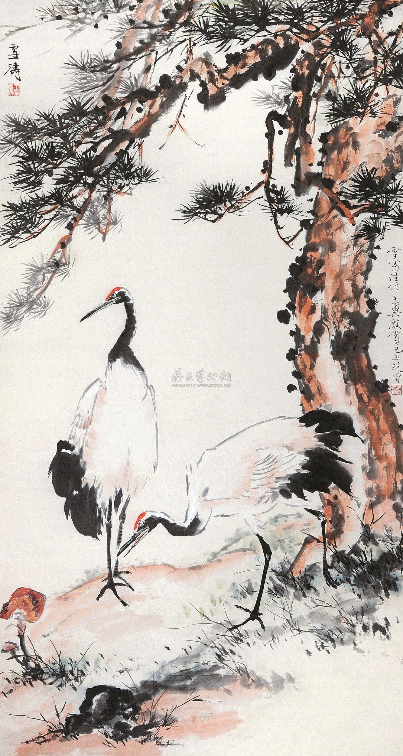 0037松鹤图立轴设色纸本