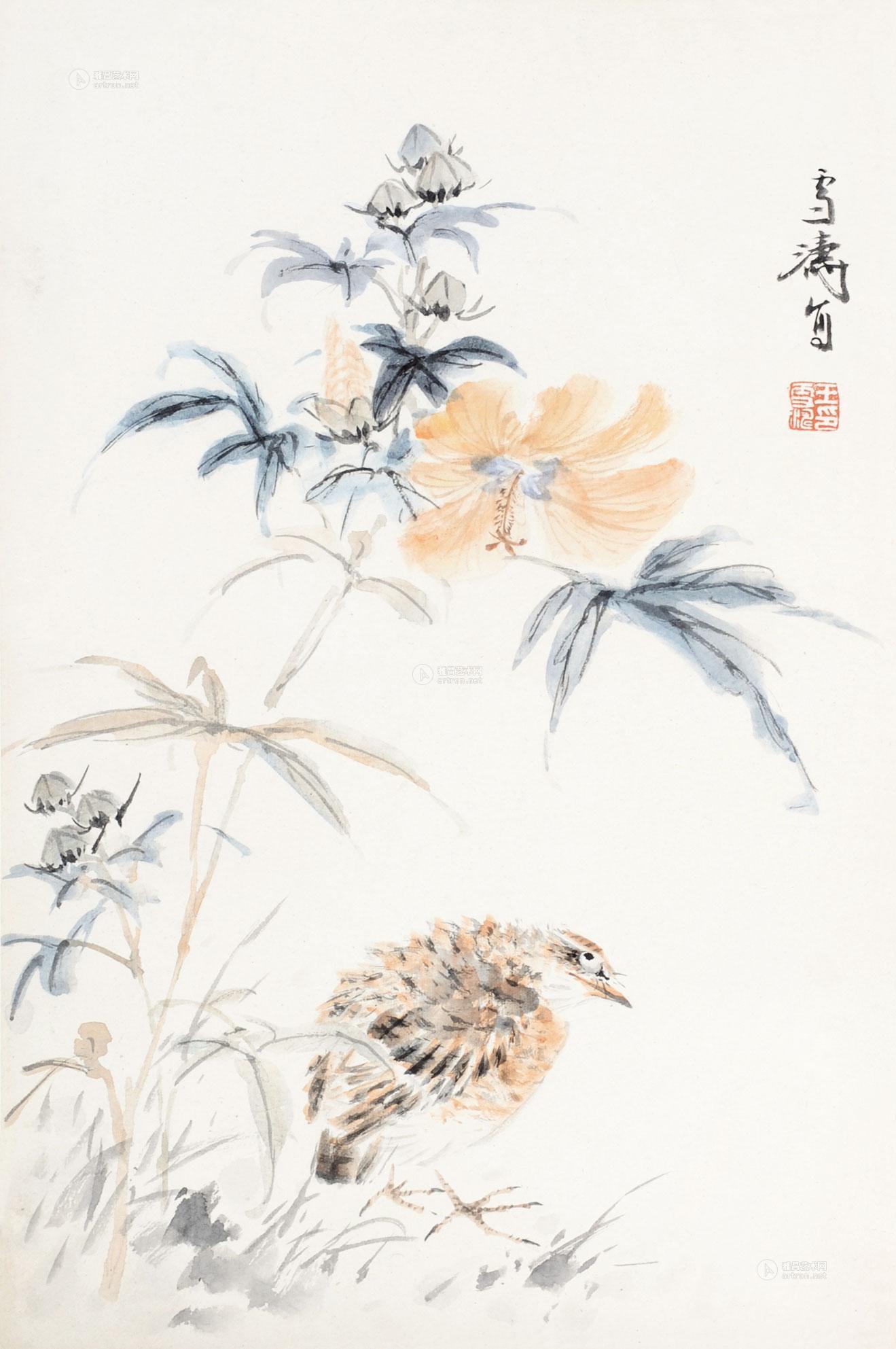 0465鹌鹑镜心设色纸本