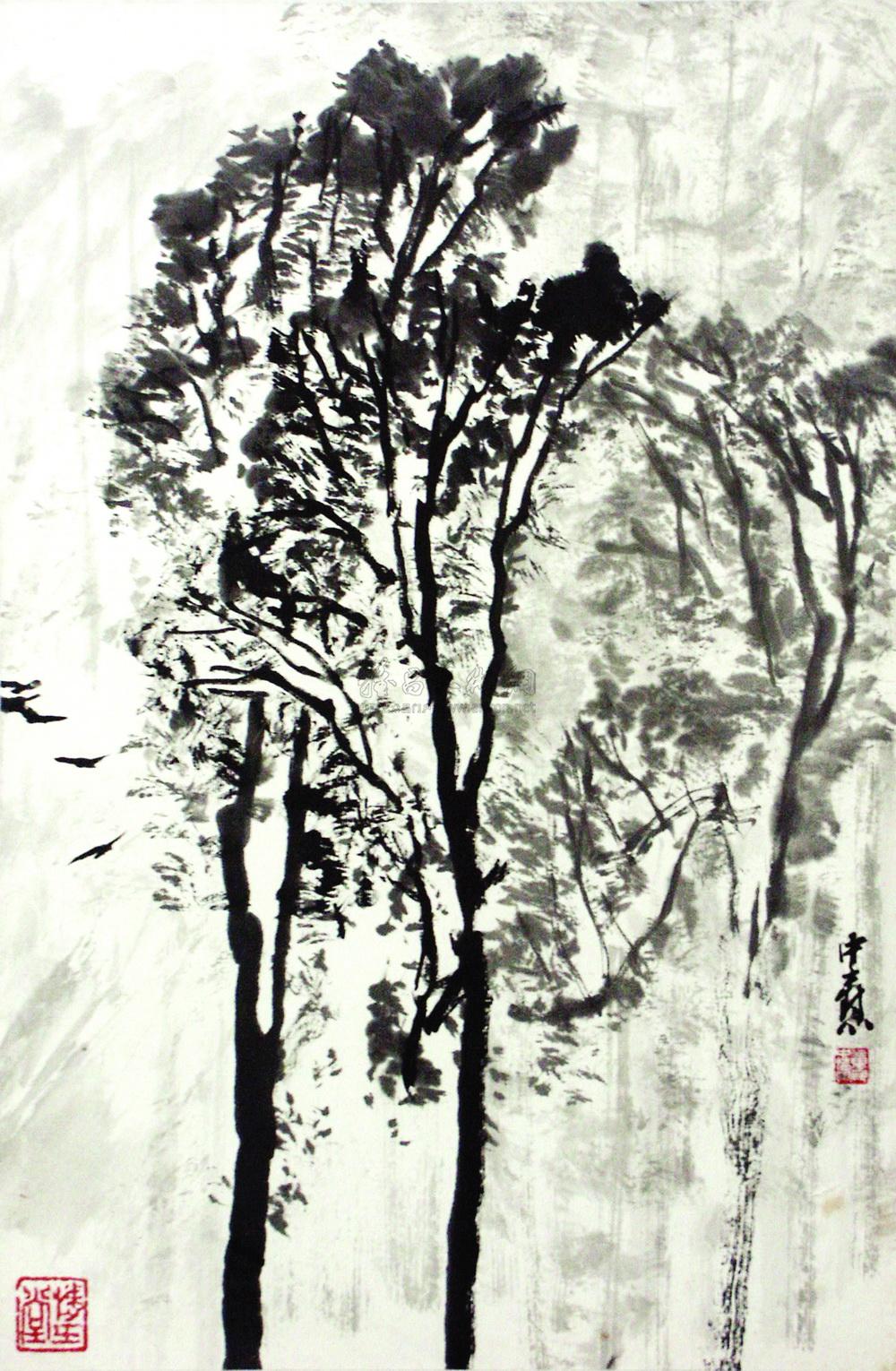 0078 幽山丛林图 镜心 水墨纸本