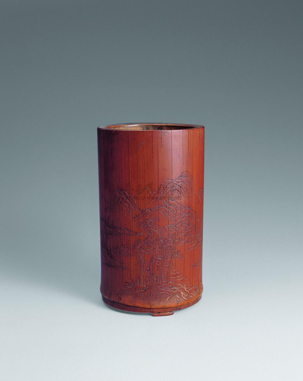 1245 清 竹浅刻山水诗文笔筒