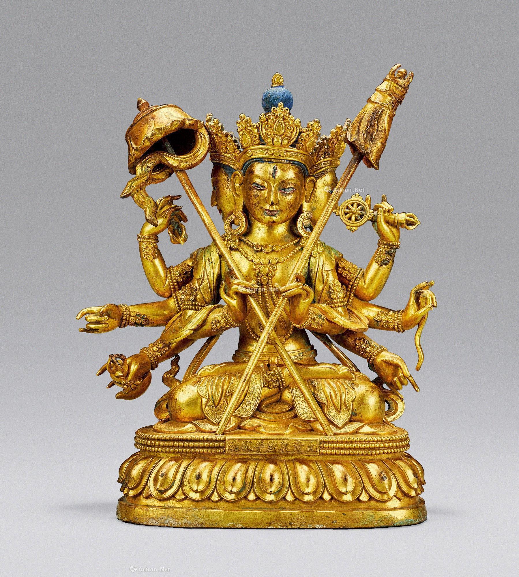 0376清乾隆铜鎏金三头八臂佛