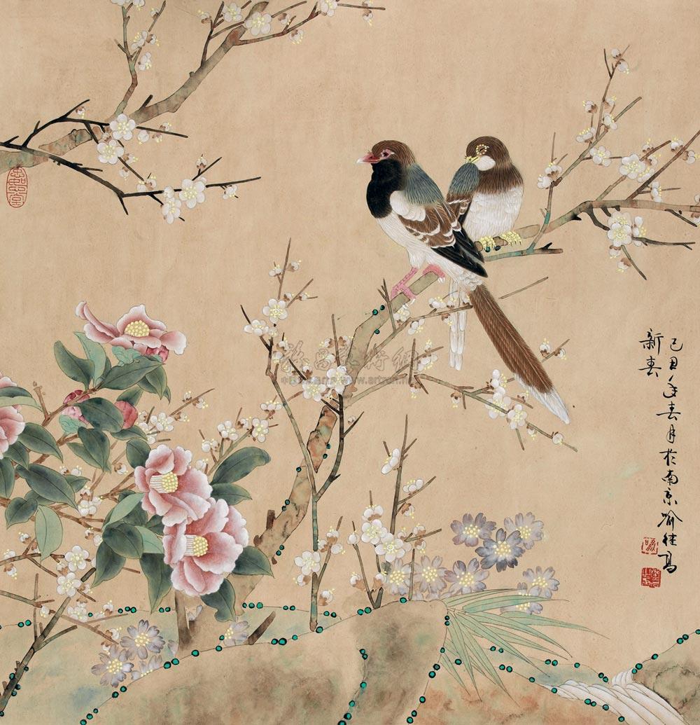 04282009年作树鸟图镜心设色纸本