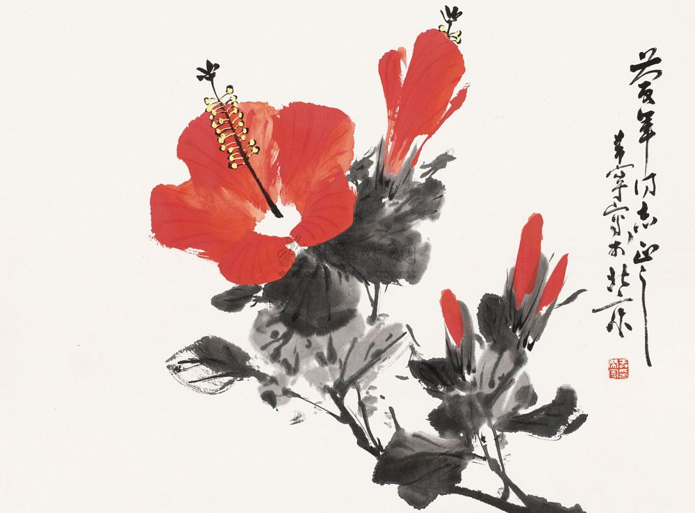 0121扶桑花镜片设色纸本