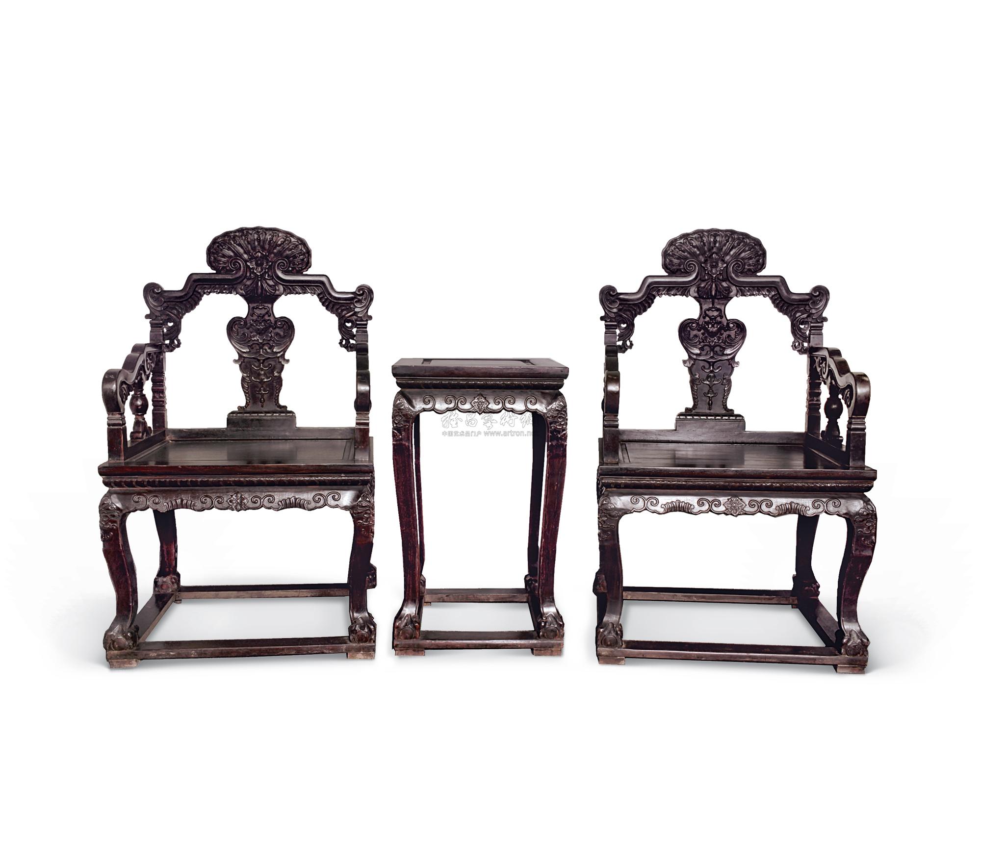 0006宝瓶灵芝纹太师椅一对配几