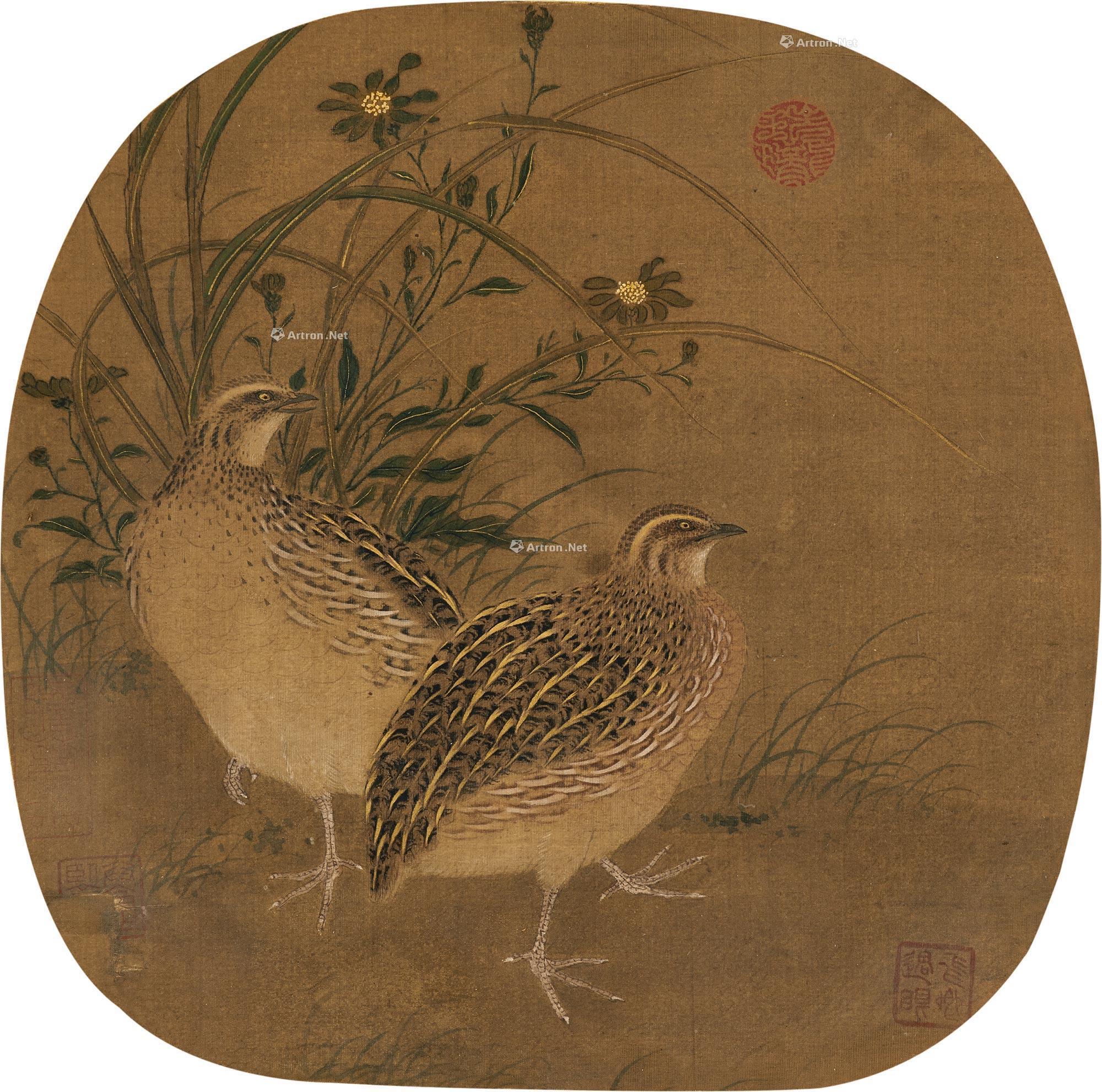 0821鹌鹑图镜框设色绢本