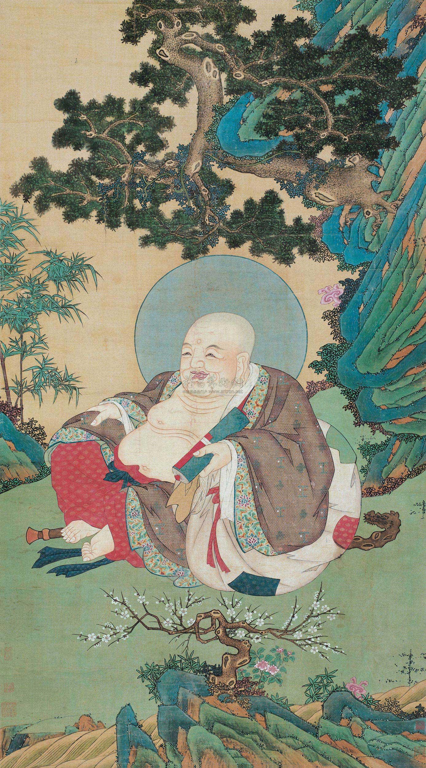 0293 清乾隆年间 宫廷大肚能容弥勒佛供画 立轴 设色绢本