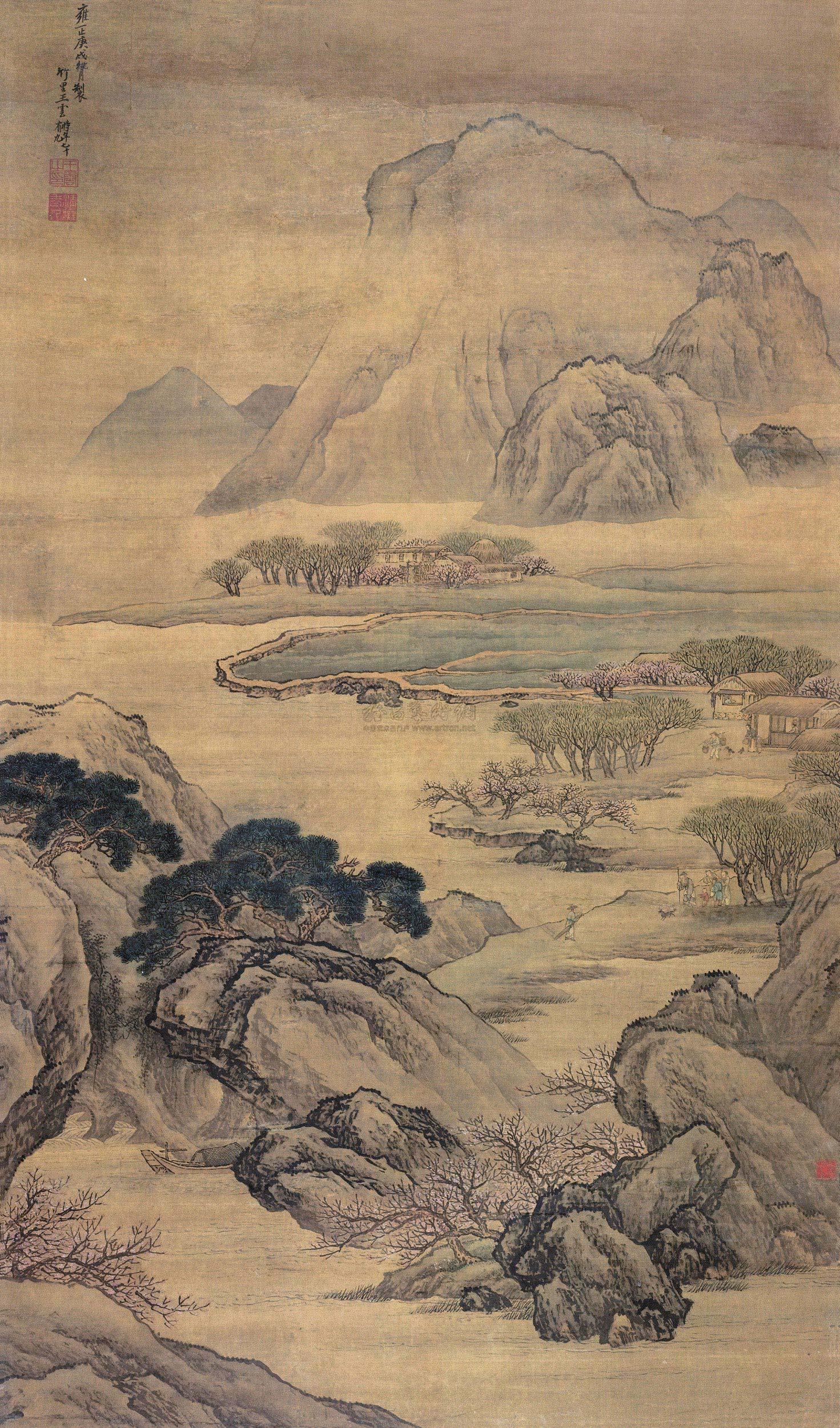 0066 庚戌(1730)年作 山水桃园图 立轴 设色绢本