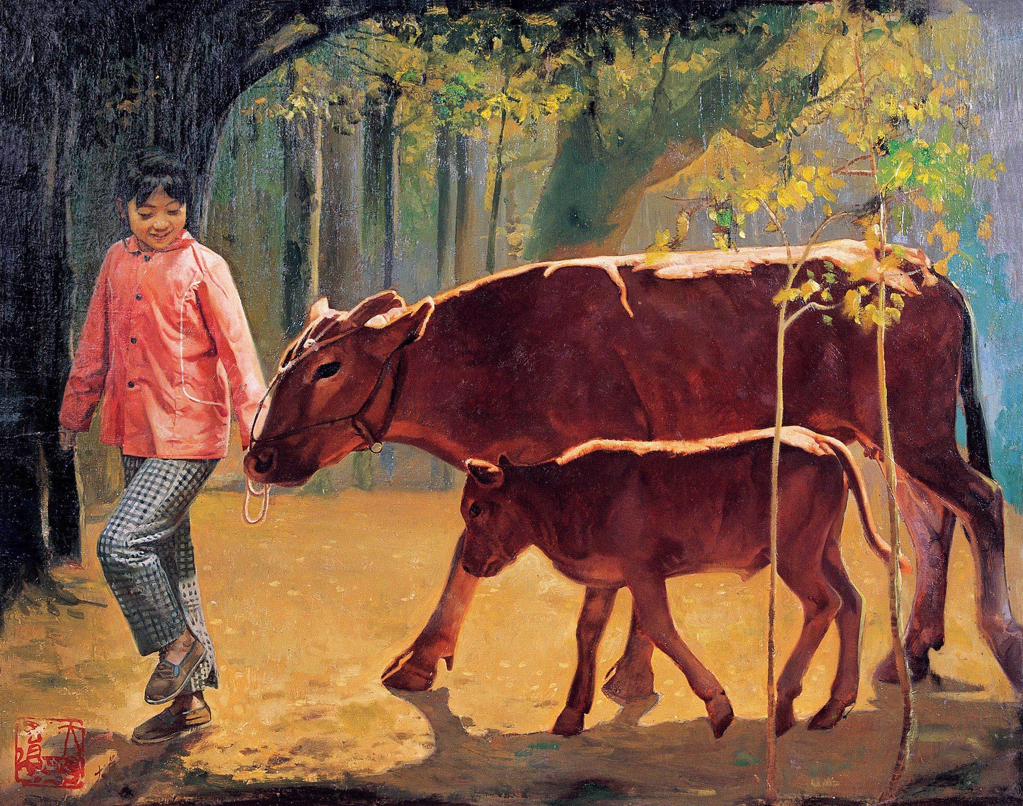 0281 牵牛的女孩 布面油画