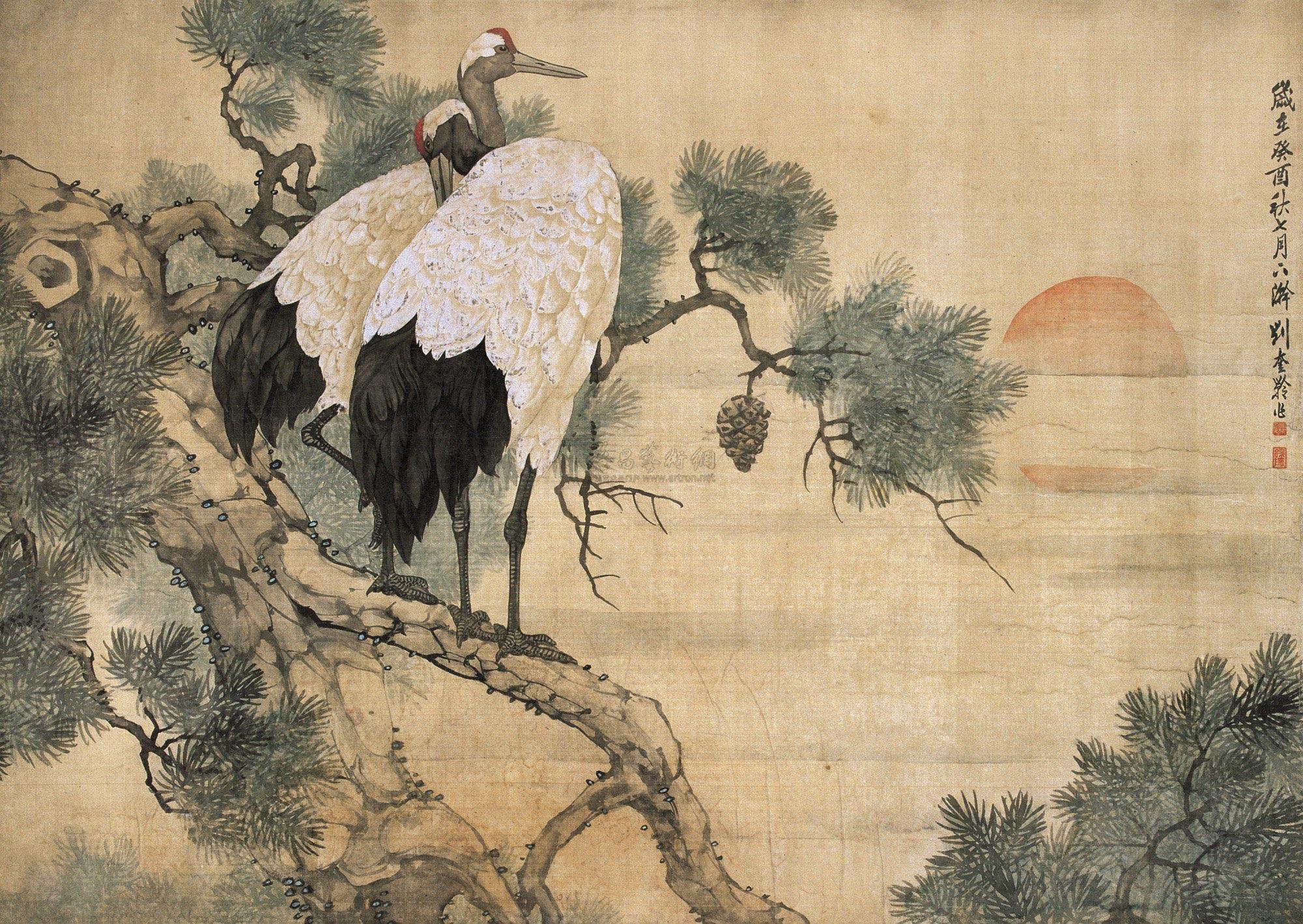 0289松鹤延年镜心设色绢本