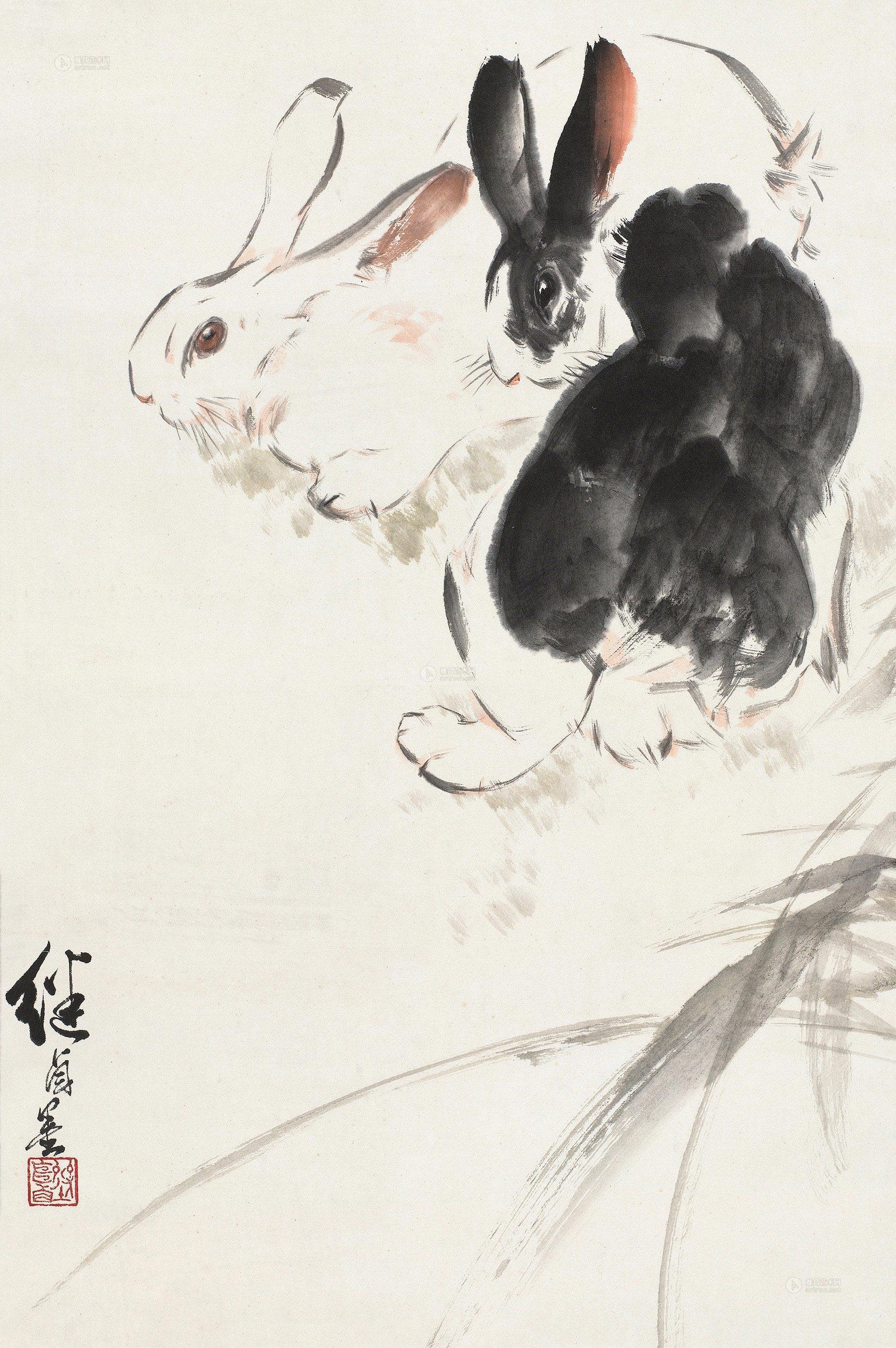 0355 双兔 立轴 设色纸本