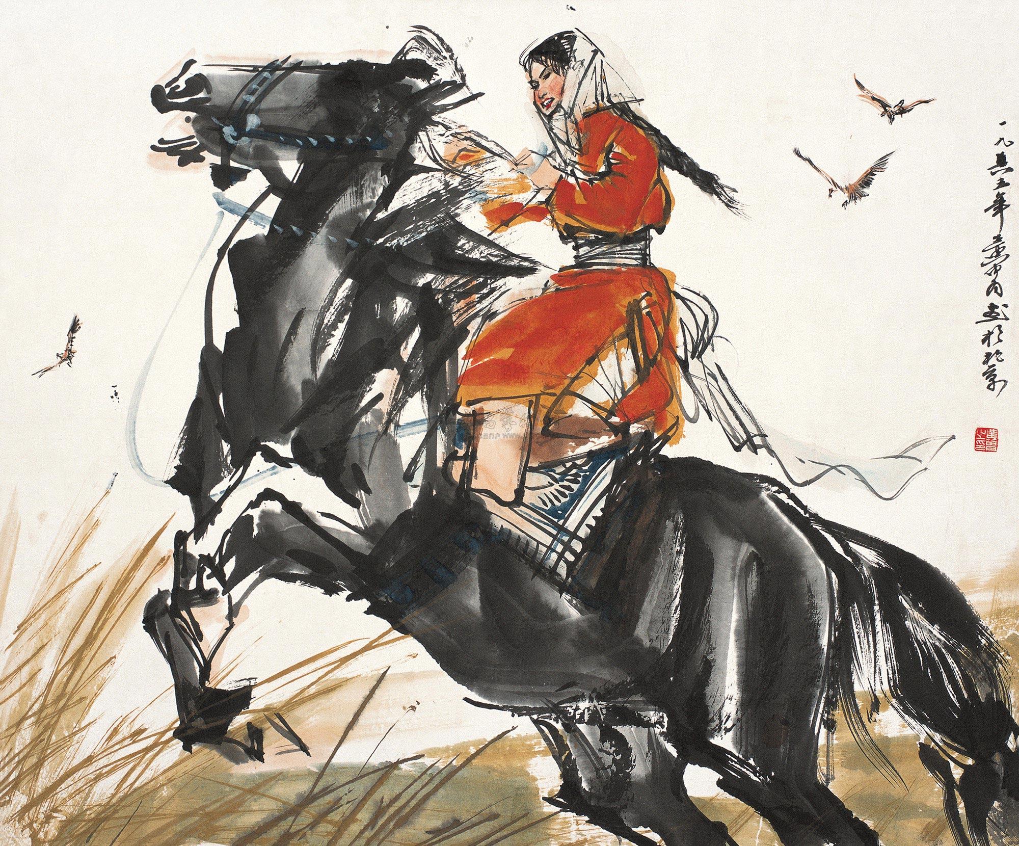 0468骑马图镜心设色纸本