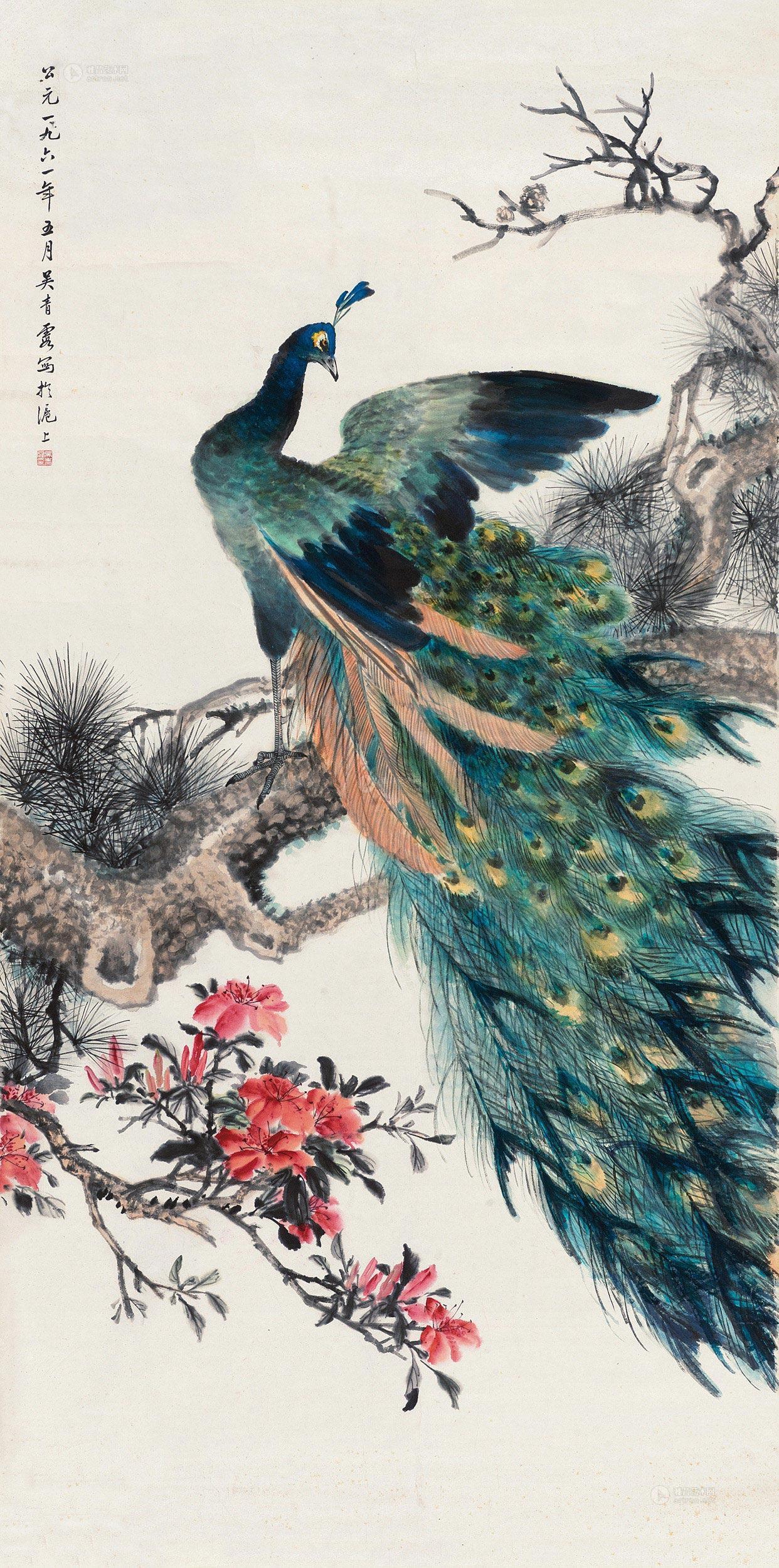 0091富贵长寿镜心设色纸本